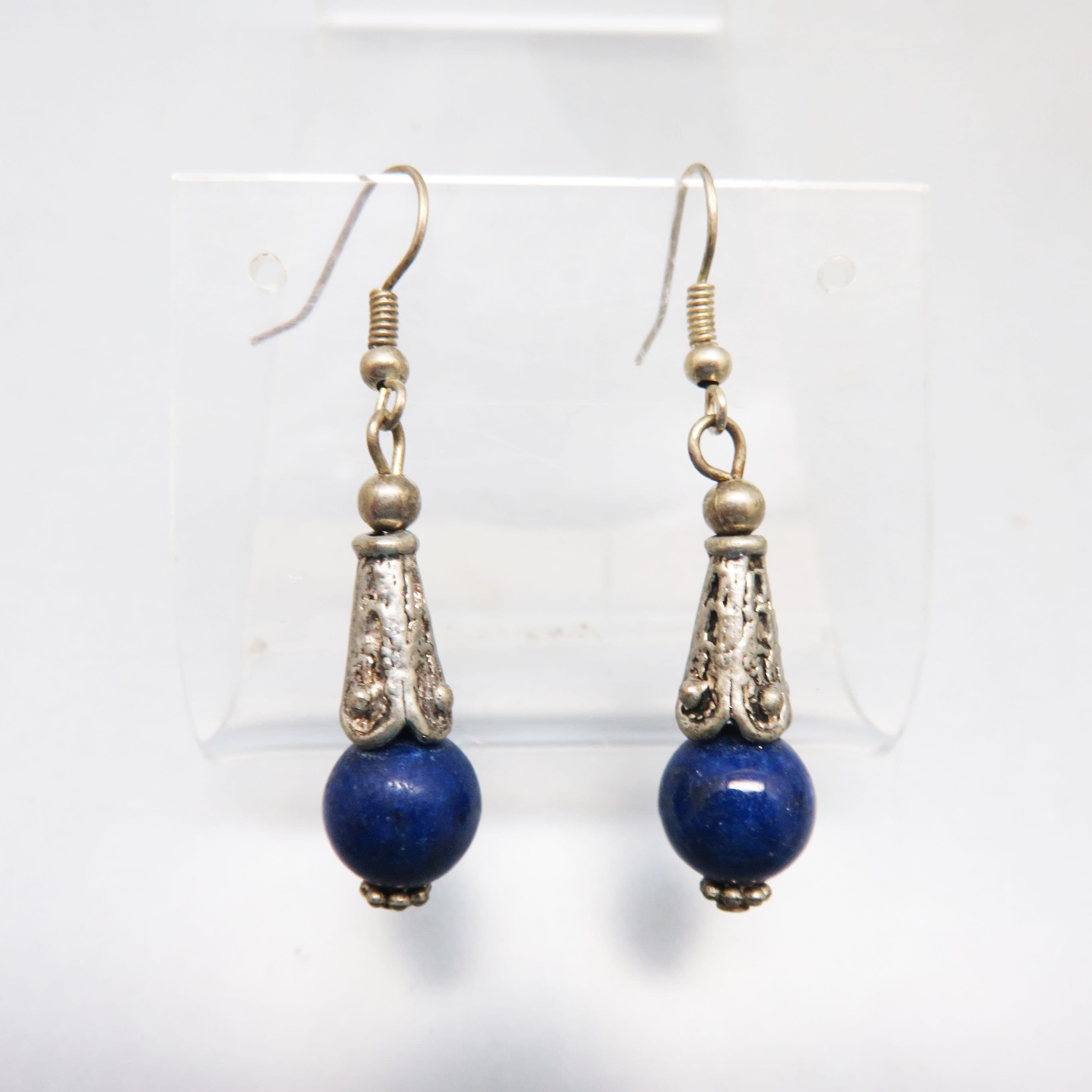 Old World Look Blue Stone Bead with Fancy Bead Cap Pierced Earrings