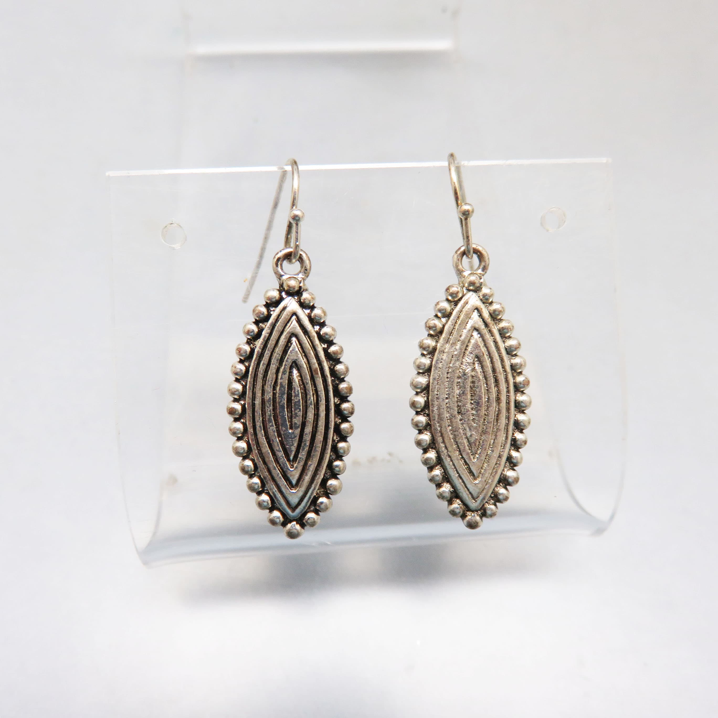 African Shield Design Drop Dangle Pierced Earrings, Silvertone Metal