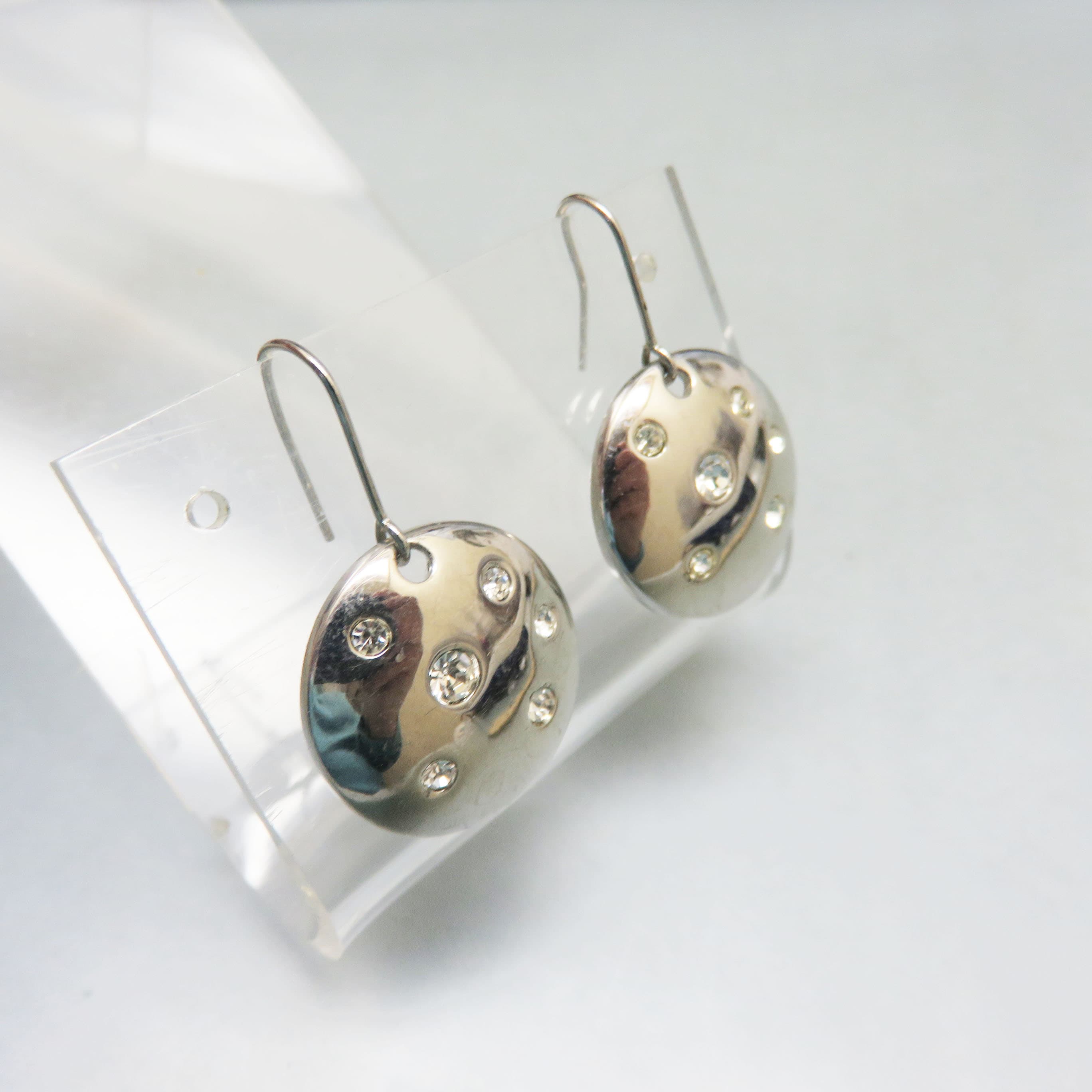 Modern Rhinestone Studded Convex Silver Disc Pierced Earrings
