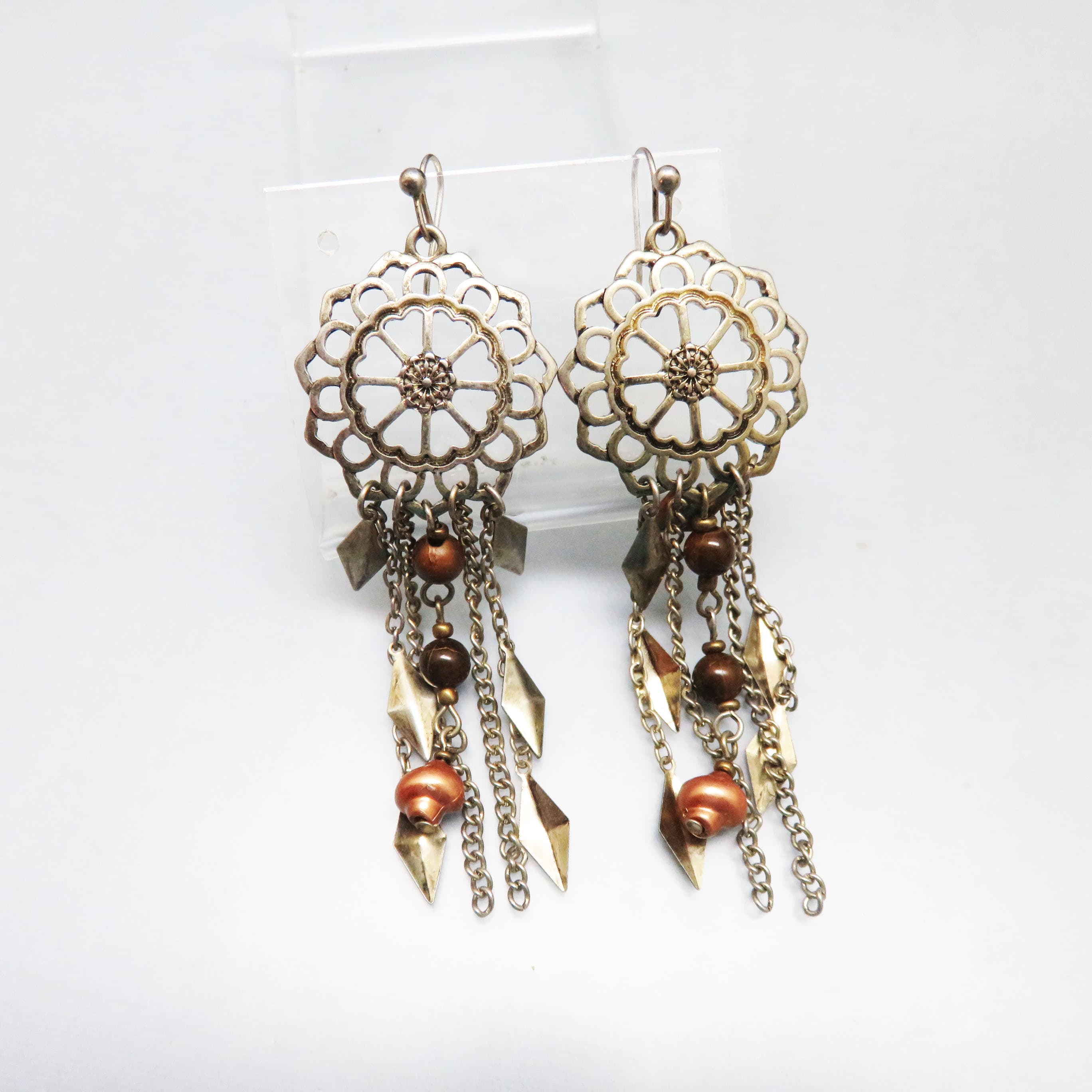 Dark Goldtone Metal Chain and Bead Dangle Pierced Earrings
