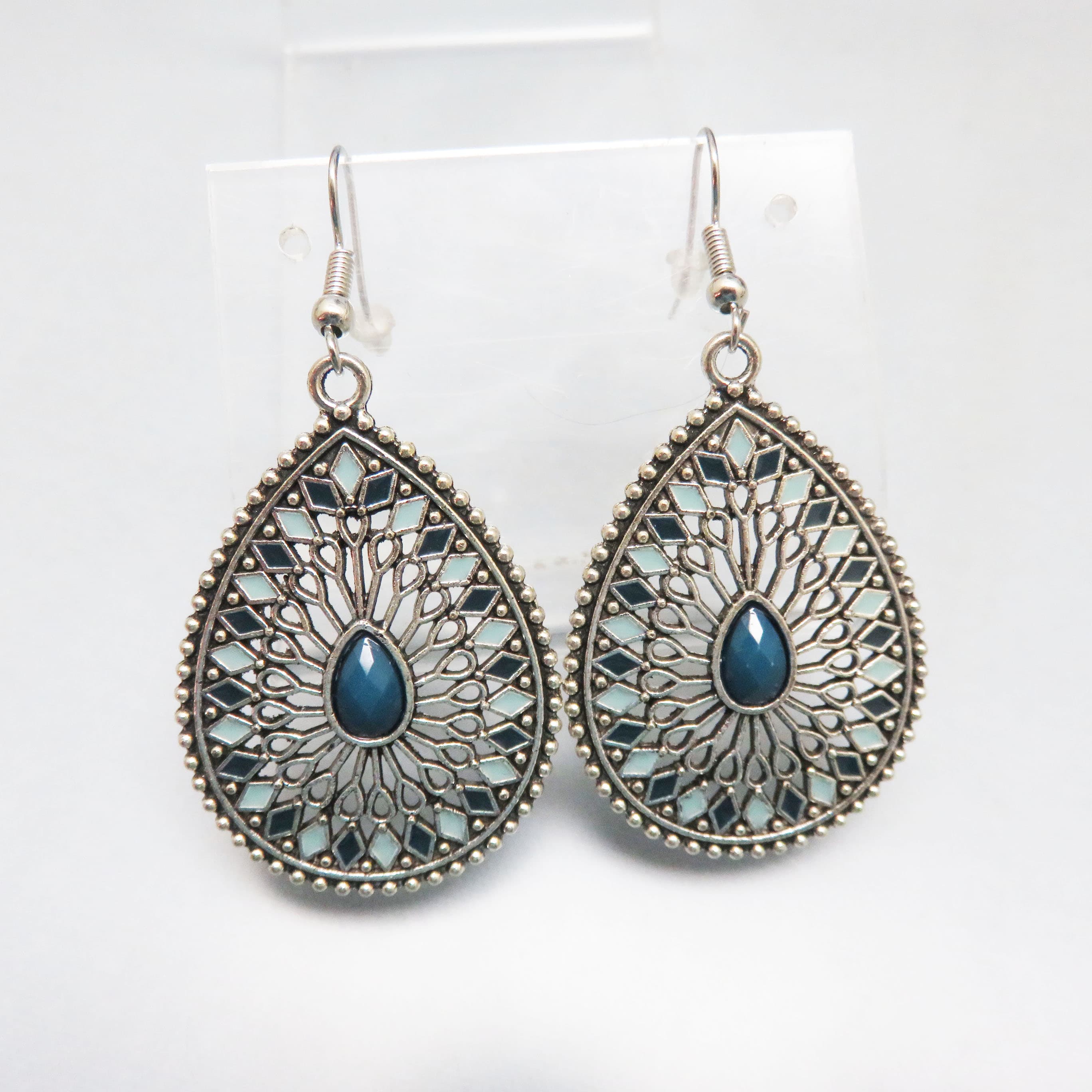 Enamel and Dark Silvertone Metal Openwork Teardrop Pierced Earrings