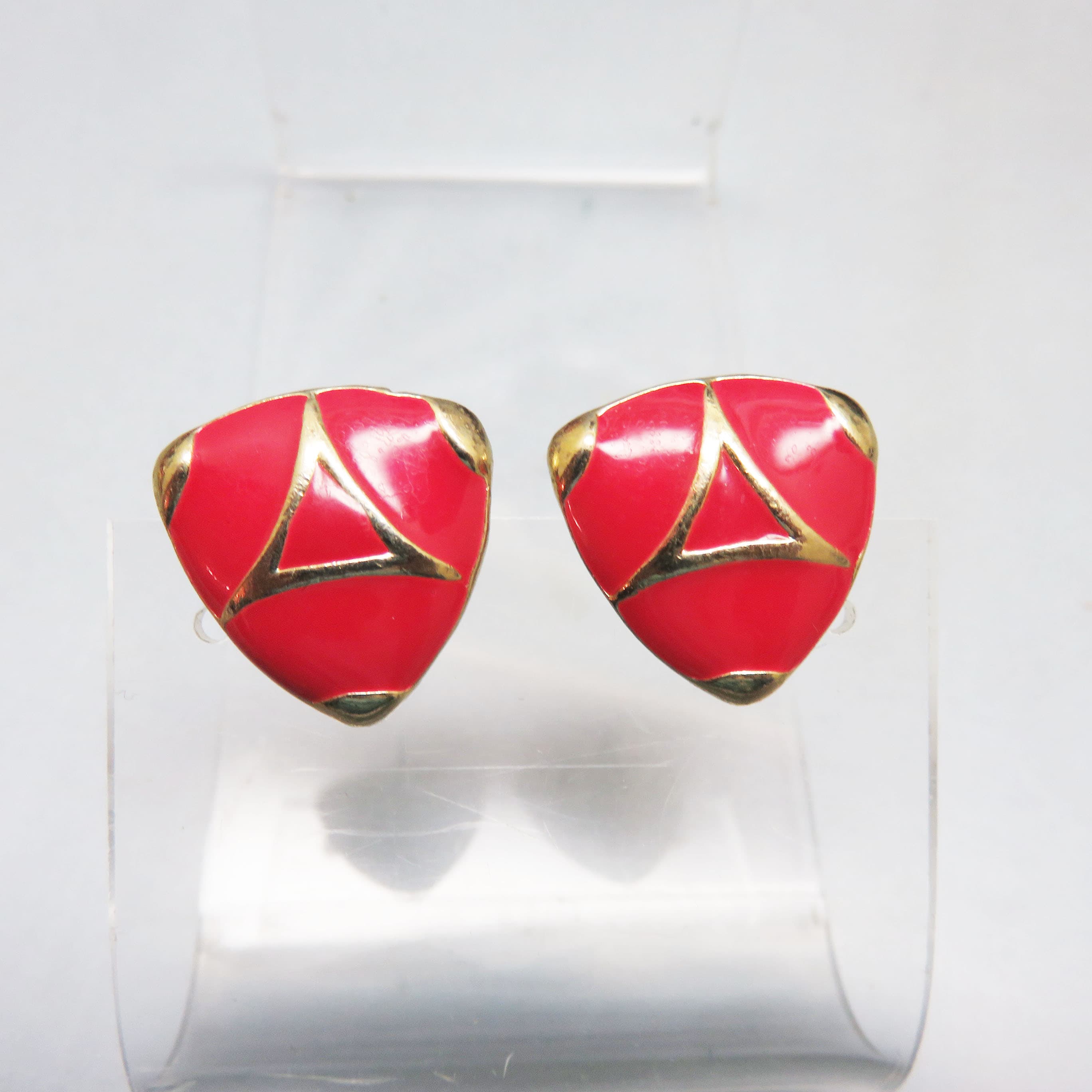 Enameled Hot Pink and Goldtone Metal Triangular Stud Earrings, 1970s