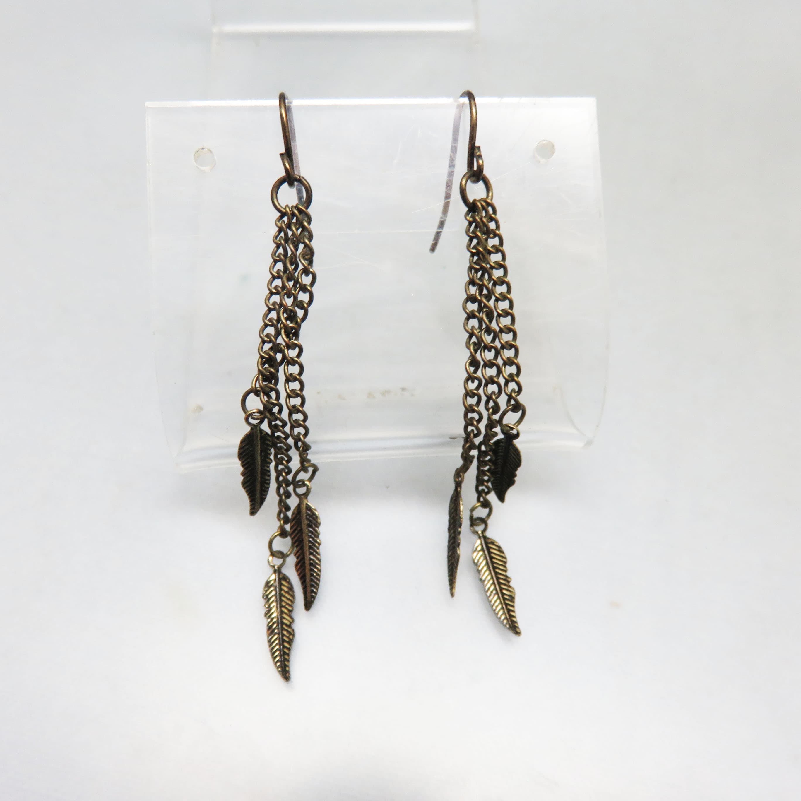 Antiqued Brass Falling Leaves Dangle Pierced Earrings, Chain Dangle Pierced Earrings, Shoulder Duster
