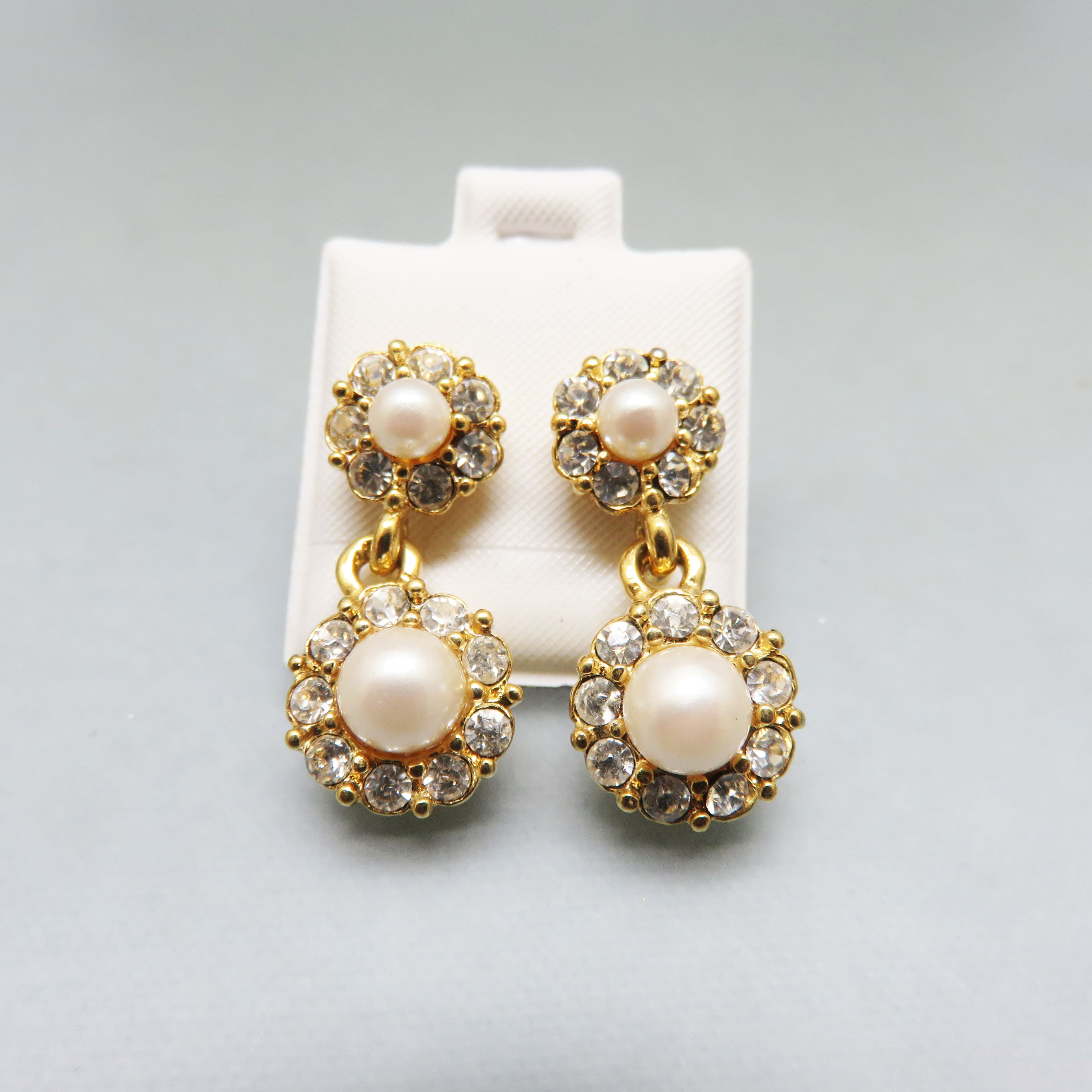 1970s Faux Pearl and Rhinestone Drop Pierced Earrings, Post Style Pierced Earrings
