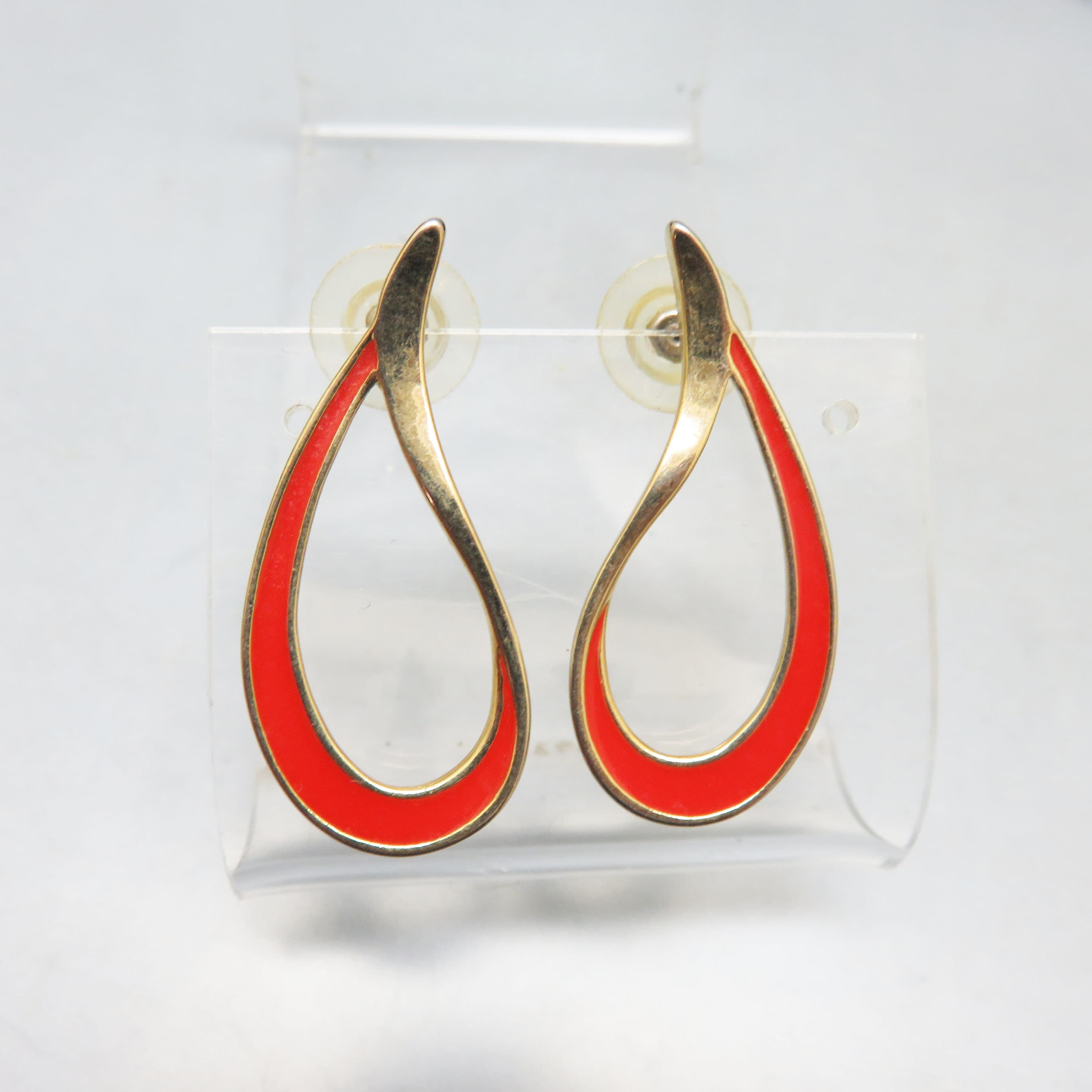 Post Style Vintage 1970s Red Enamel, Gold Plated Metal Pierced Earrings, Organic Shape