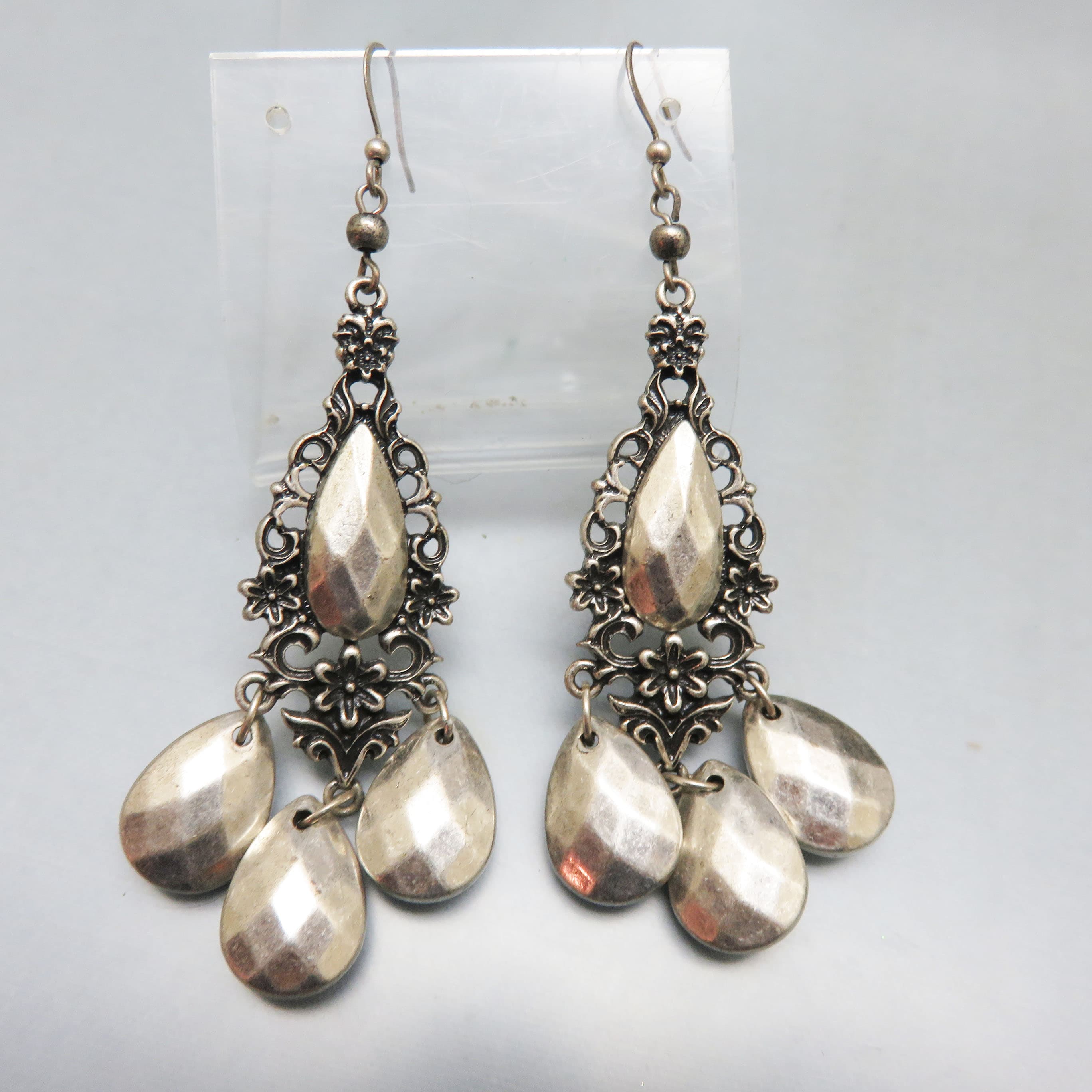 Silver Acrylic Stone Chandelier Style Pierced Earrings, Rich Ethnic Look