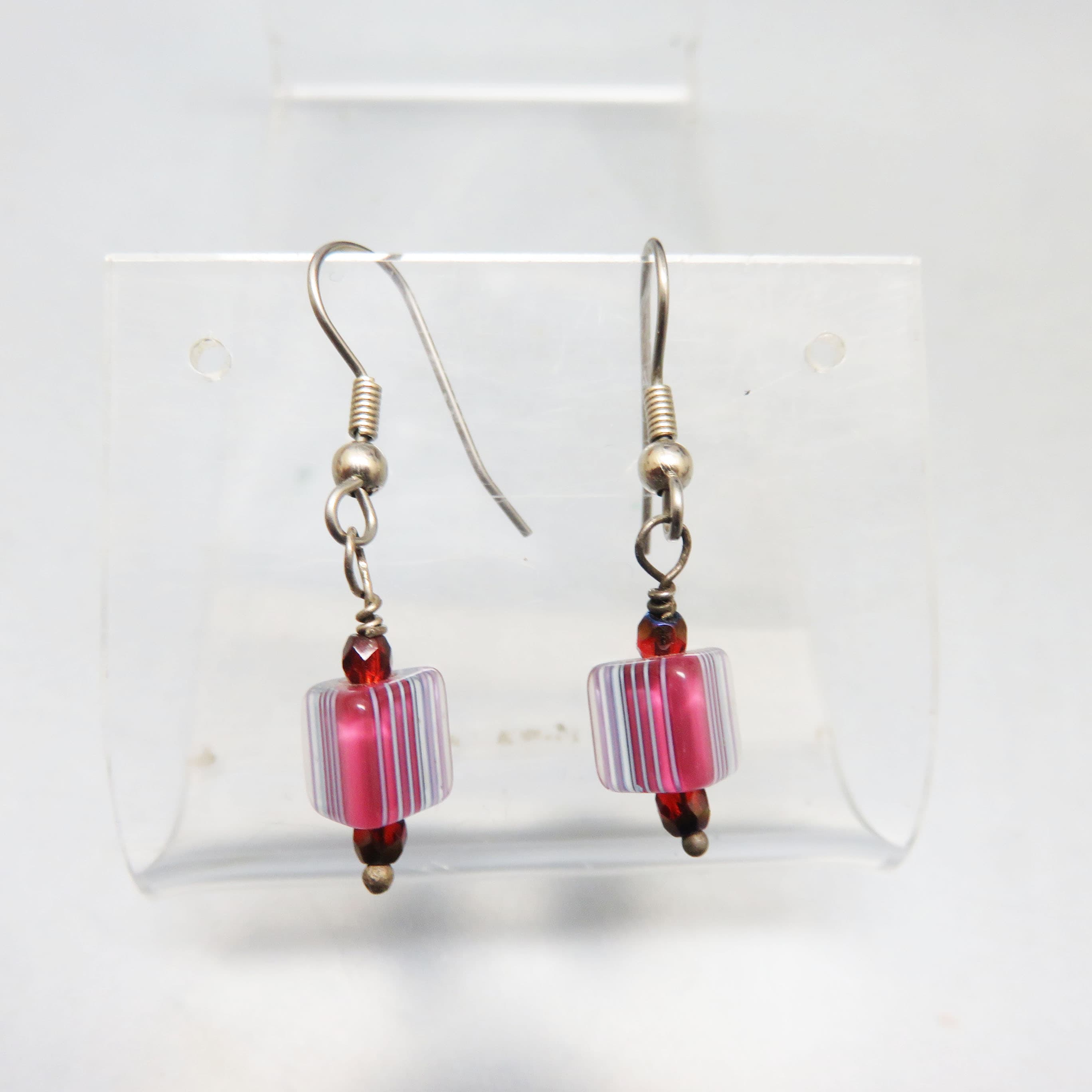 Clear, Red and Blue Cane Glass Bead Pierced Earrings, Made in our Studio