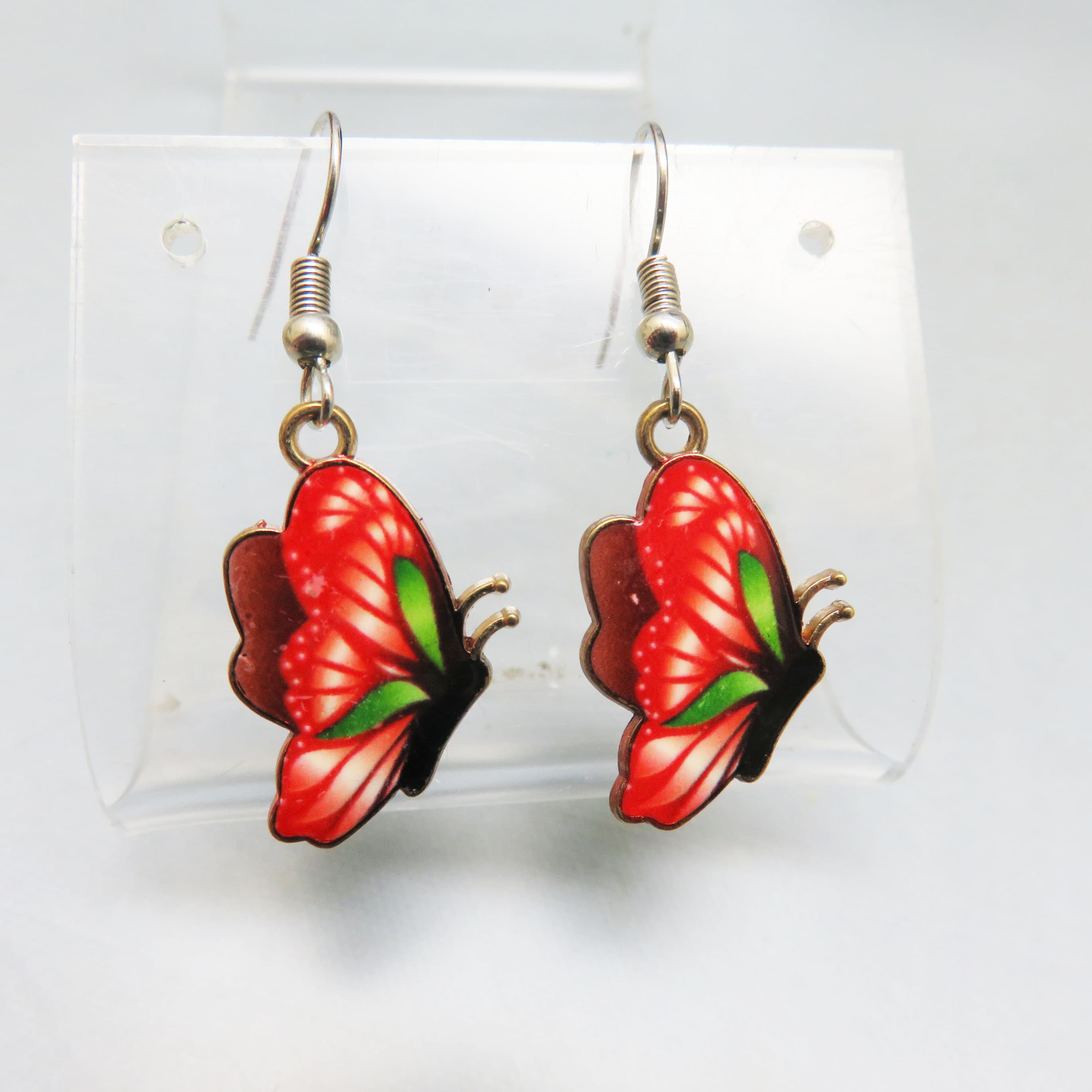Colorful Laminated Butterfly French Hook Pierced Earrings, Vintage 1980s Pierced Earrings