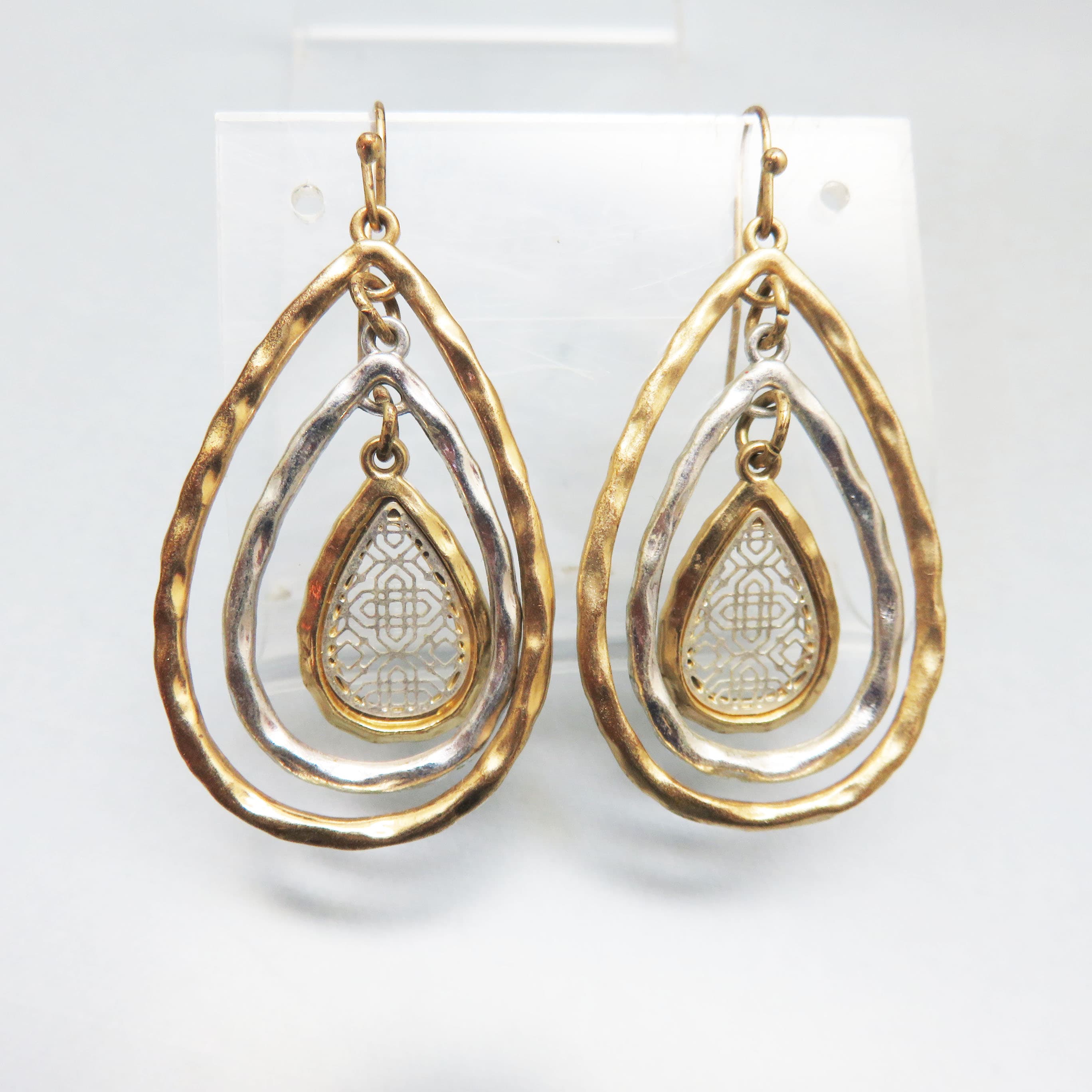 Textured Goldtone and Silvertone Metal Concentric Loop Pierced Earrings, Filigree Center