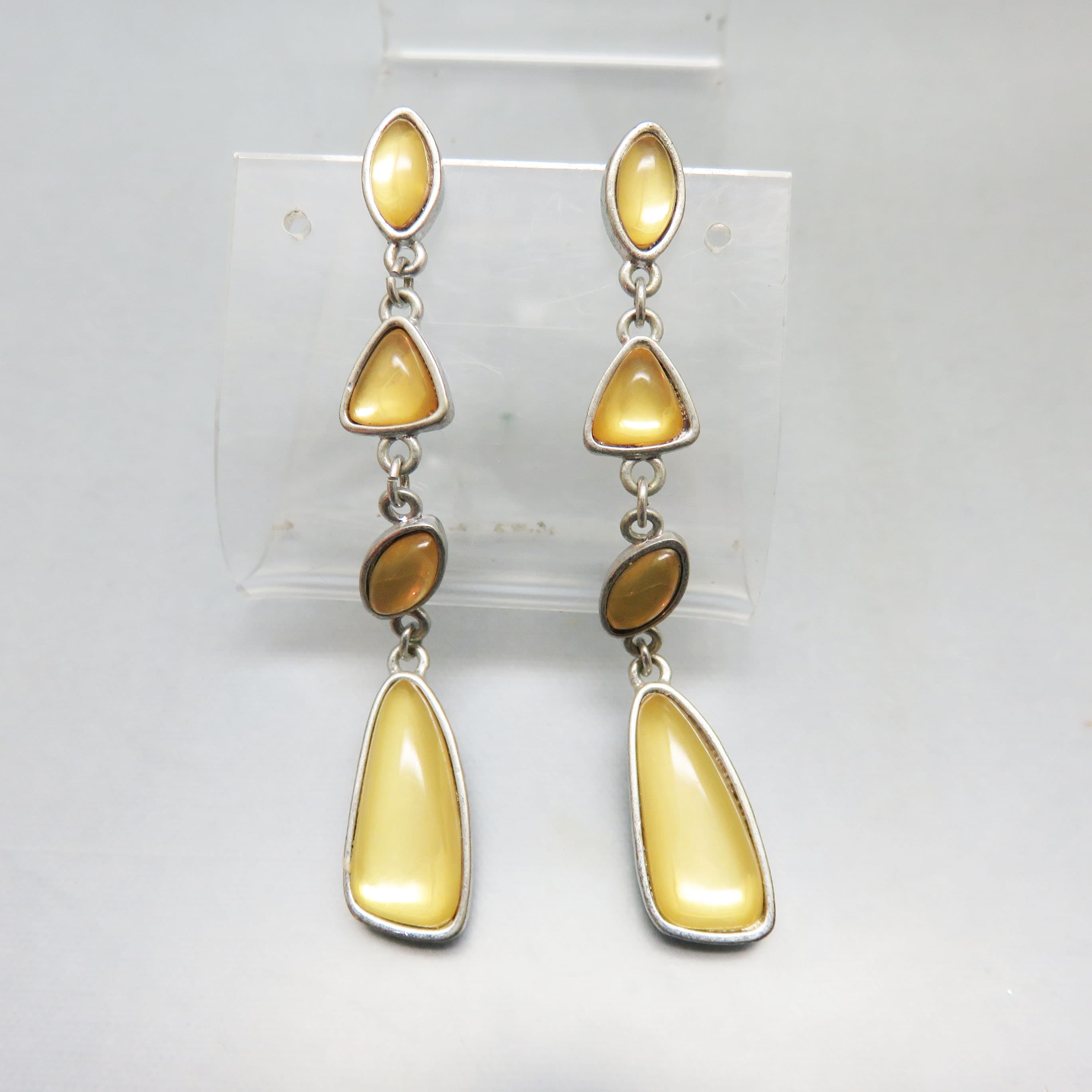 Geometric Yellow Acrylic Cabochons in Silvertone Metal Pierced Earrings, Post Style Modern Pierced Earrings