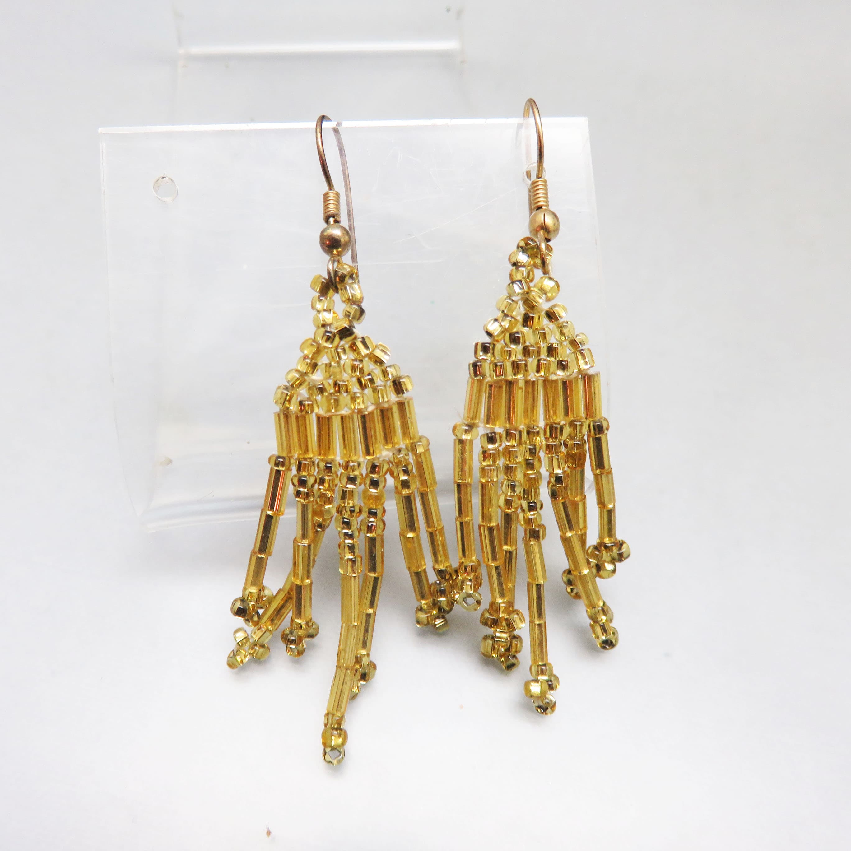 Hand Beaded Rich Goldtone Ethnic Look Pierced Earrings, Vintage French Hook Pierced Earrings