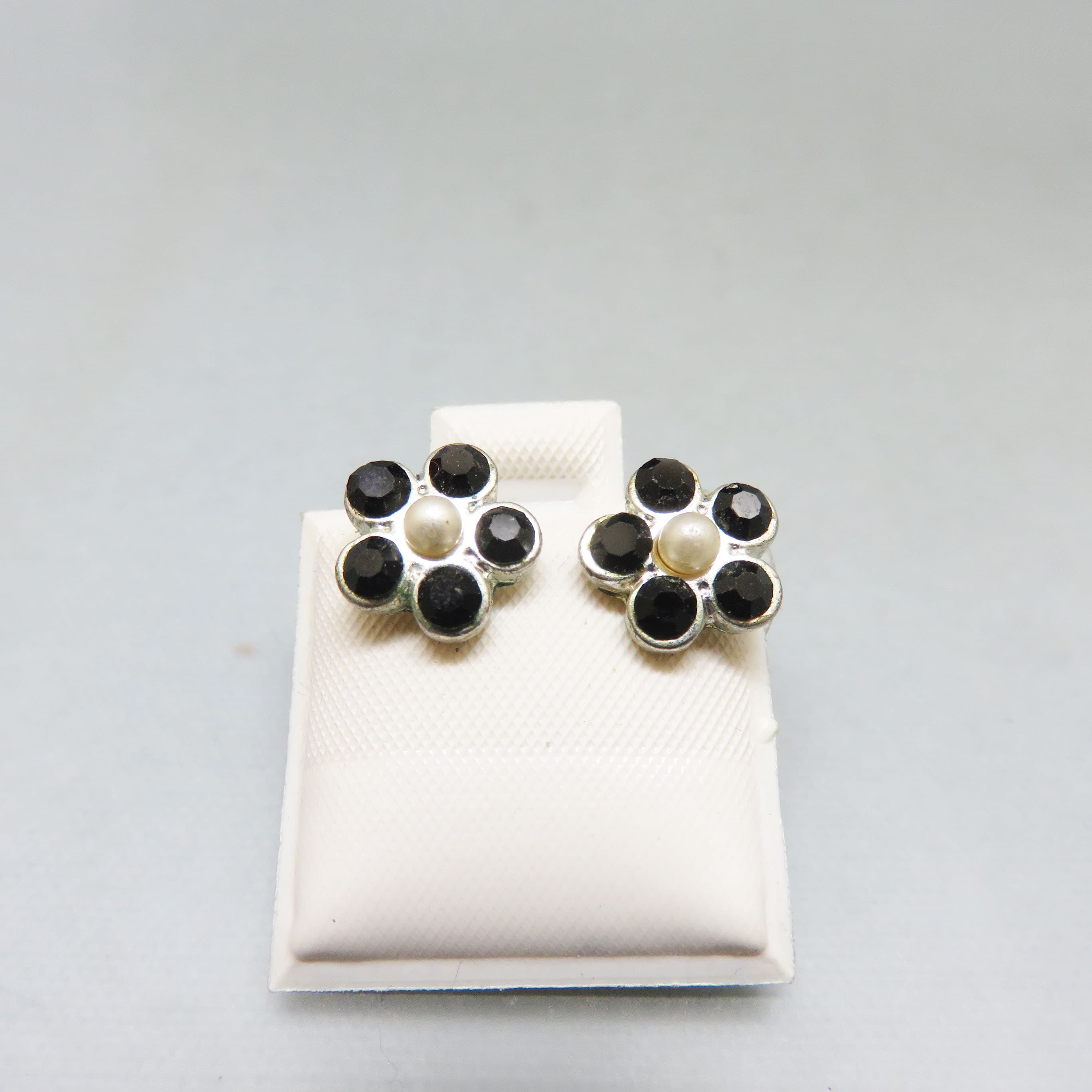 Petite Black Crystal and Faux Pearl Flower Stud Pierced Earrings