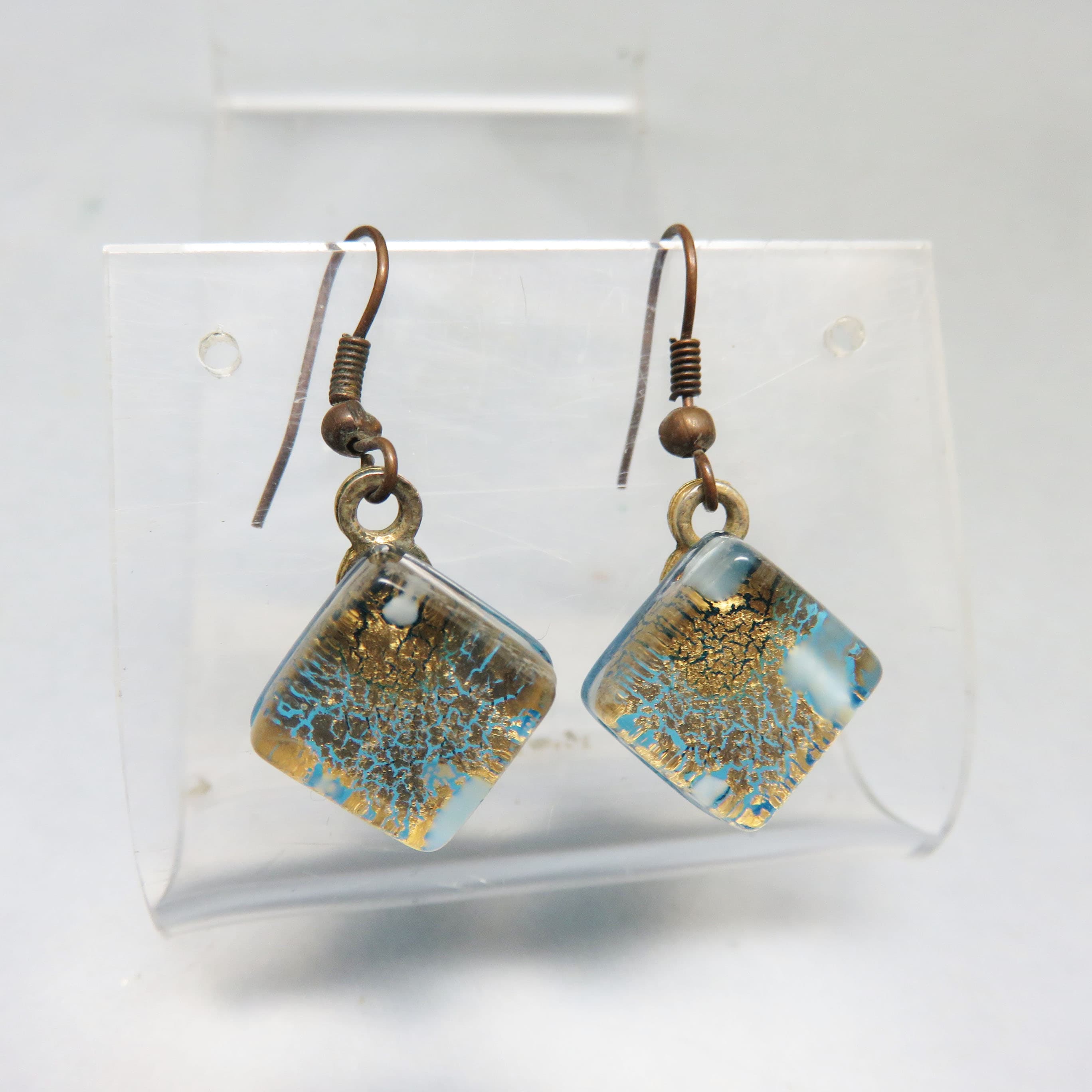 Blue and Gold Murano Glass Pierced Earrings, Vintage 1970 Pierced Earrings