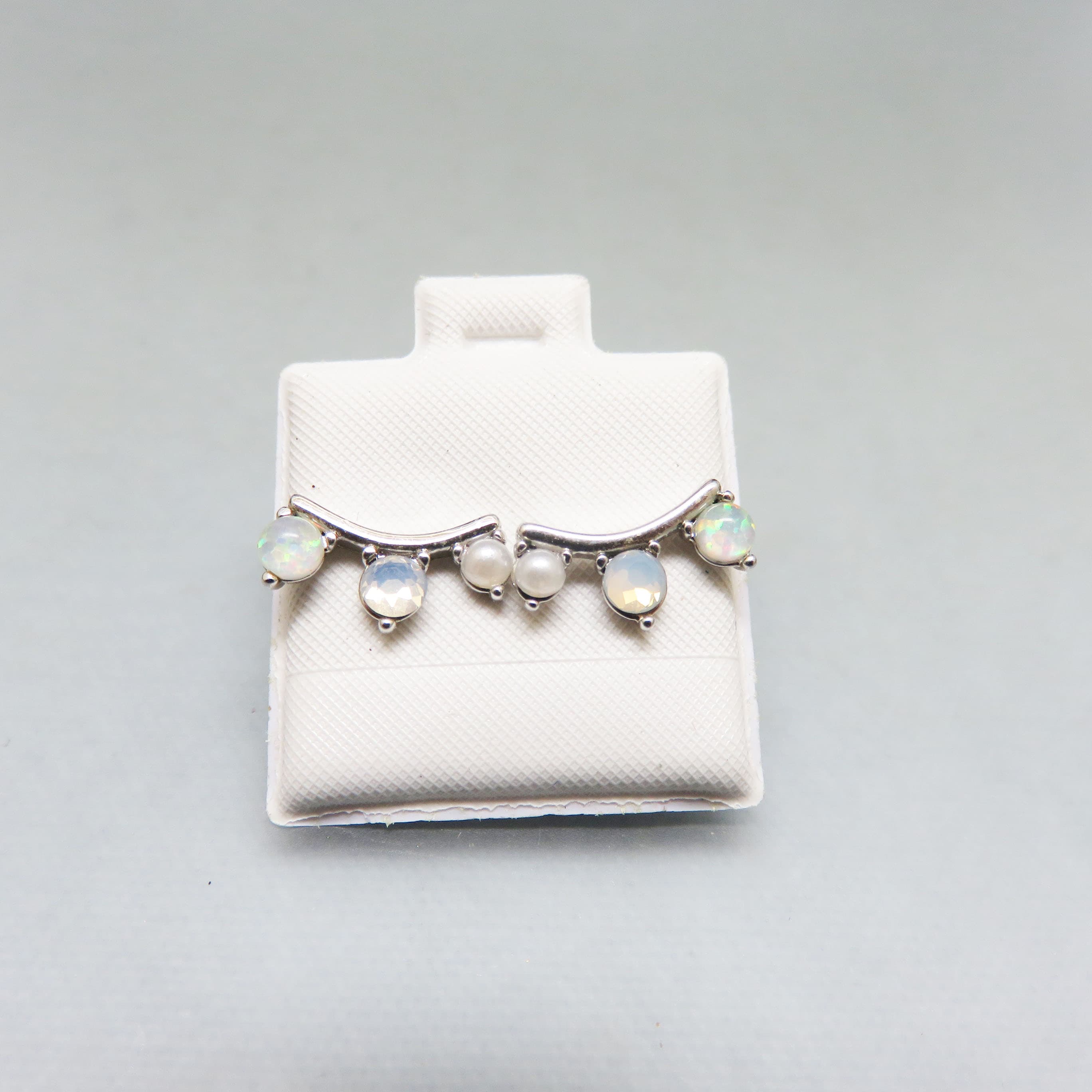 Post Style Faux Opal, Pearl and Clear Crystal Arc Design Stud Pierced Earrings