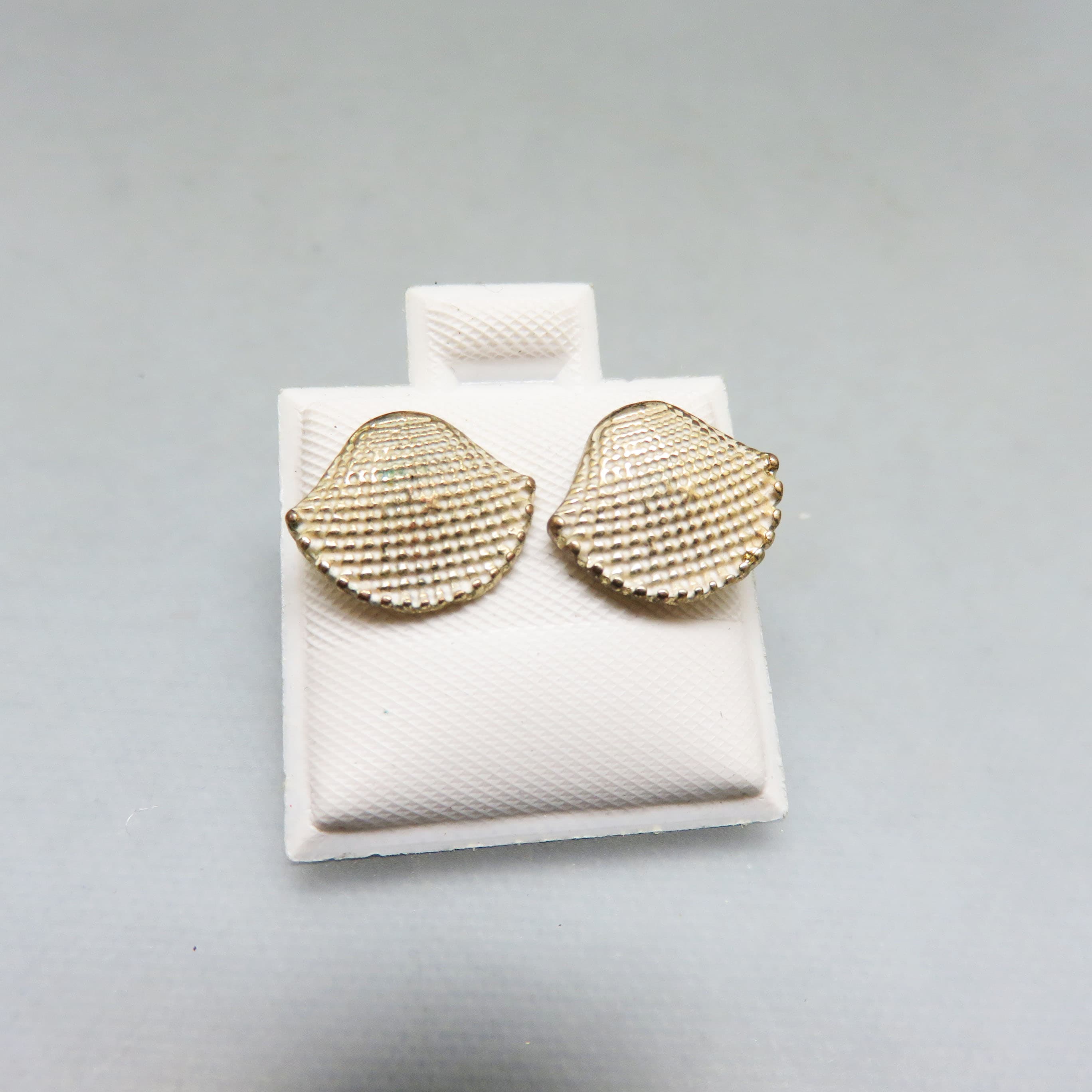 Textured White Washed Shell Design Stud Pierced Earrings, Beach Earrings