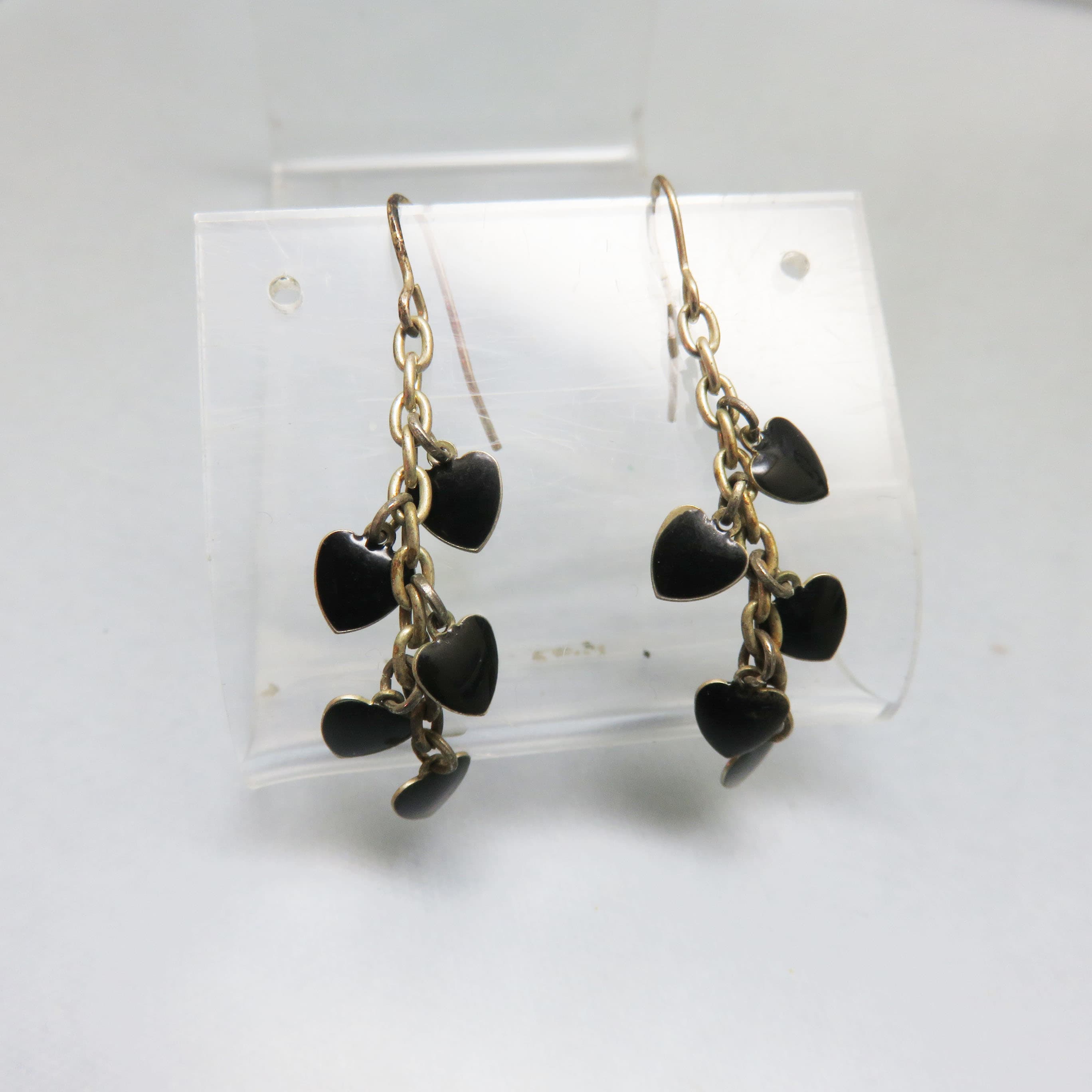 French Hook Cascading Black Enamel Hearts Pierced Earrings, 1990s