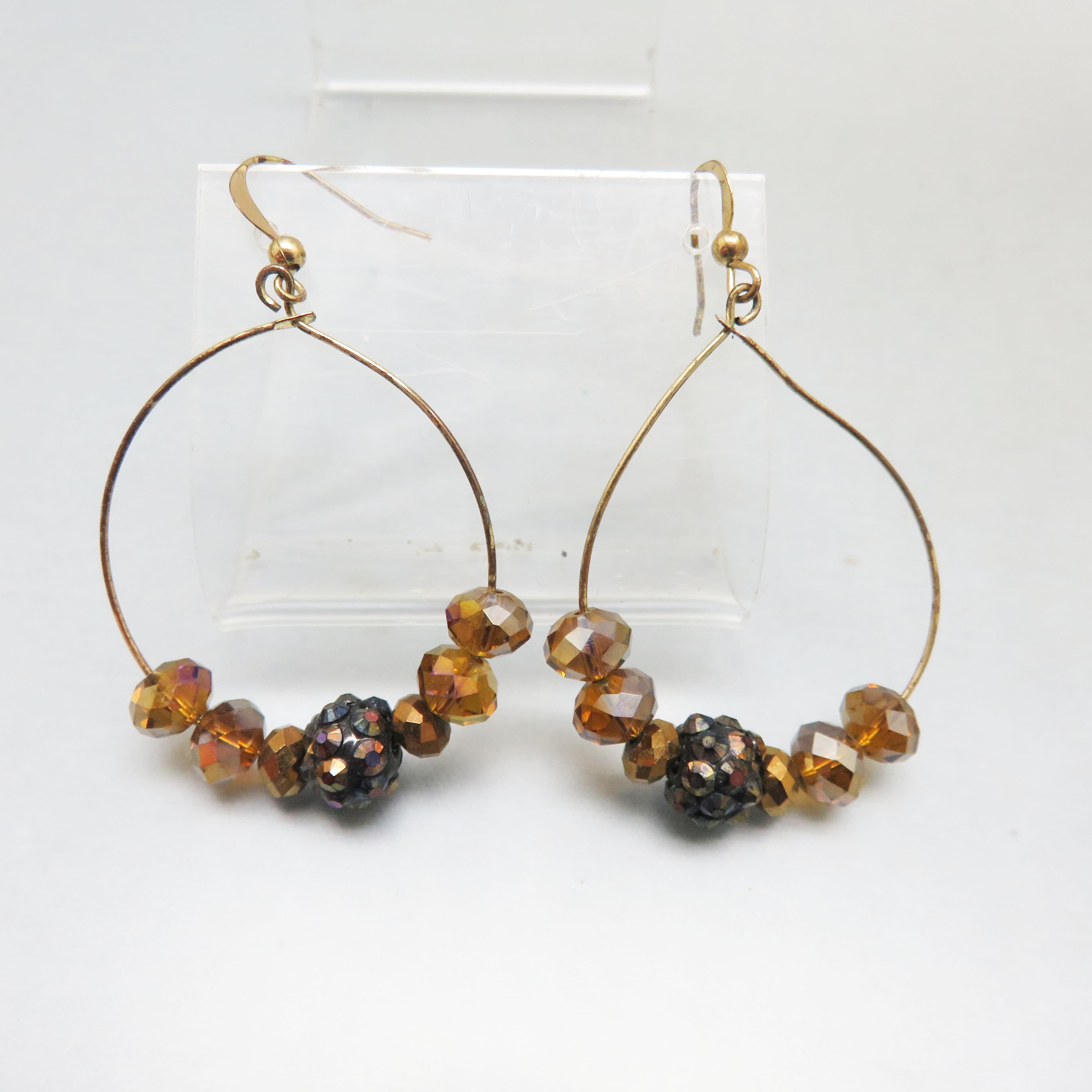 Gorgeous Brown Aurora Borealis Crystal Bead Hoop Pierced Earrings
