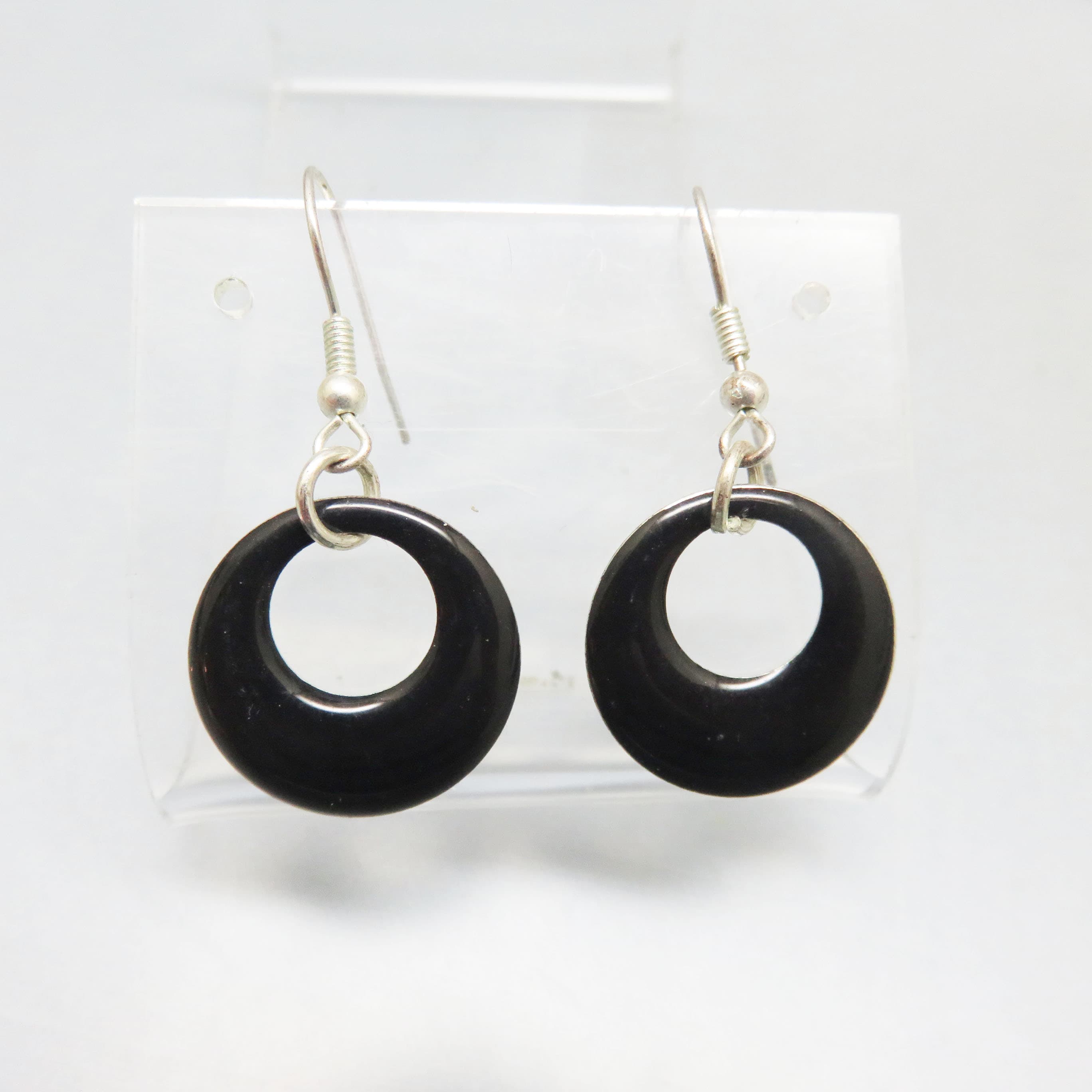Petite Black Enameled Hoop French Hook Pierced Earrings, Vintage 1990s Pierced Earrings