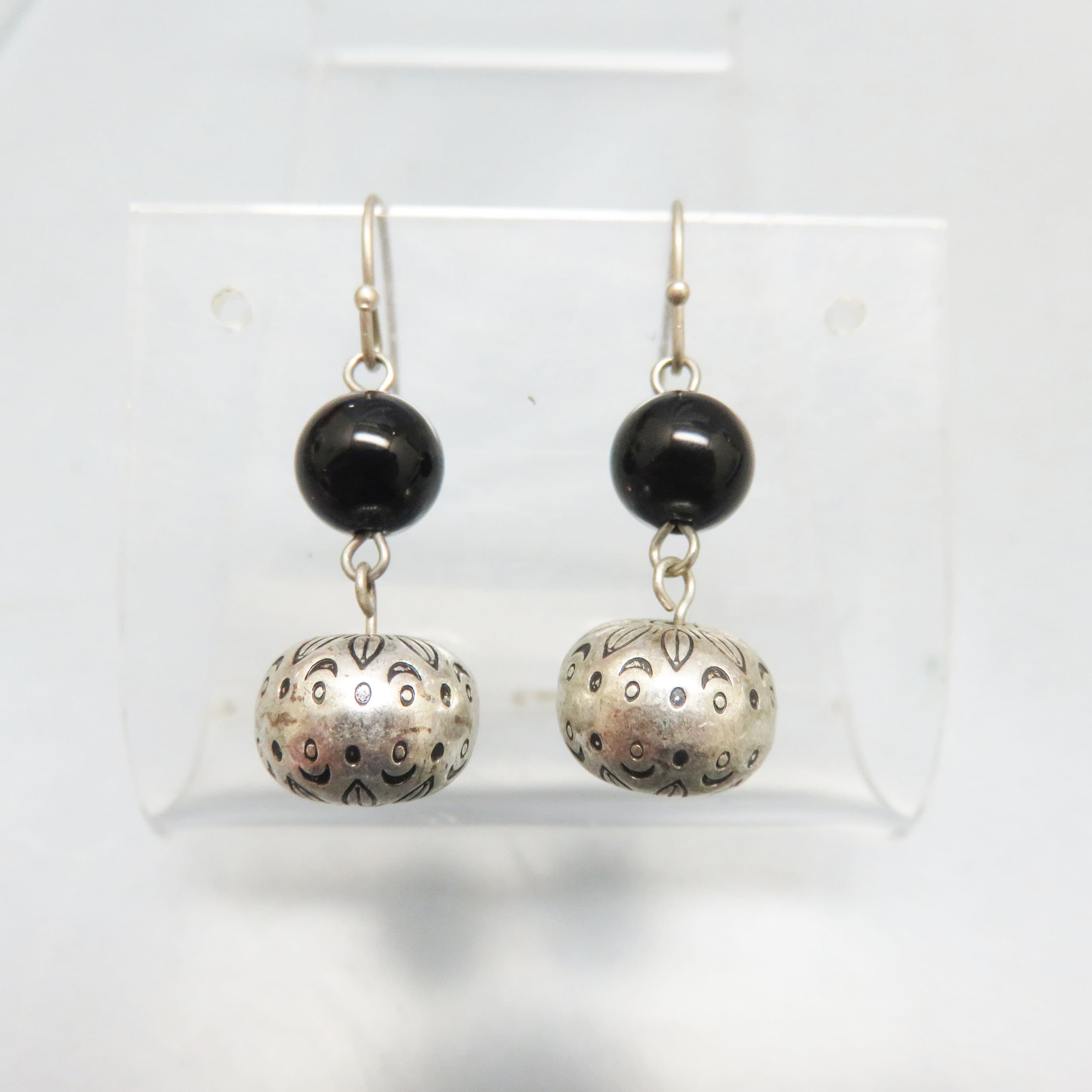 Black Lucite and Textured Silvery Bead French Hook Pierced Earrings