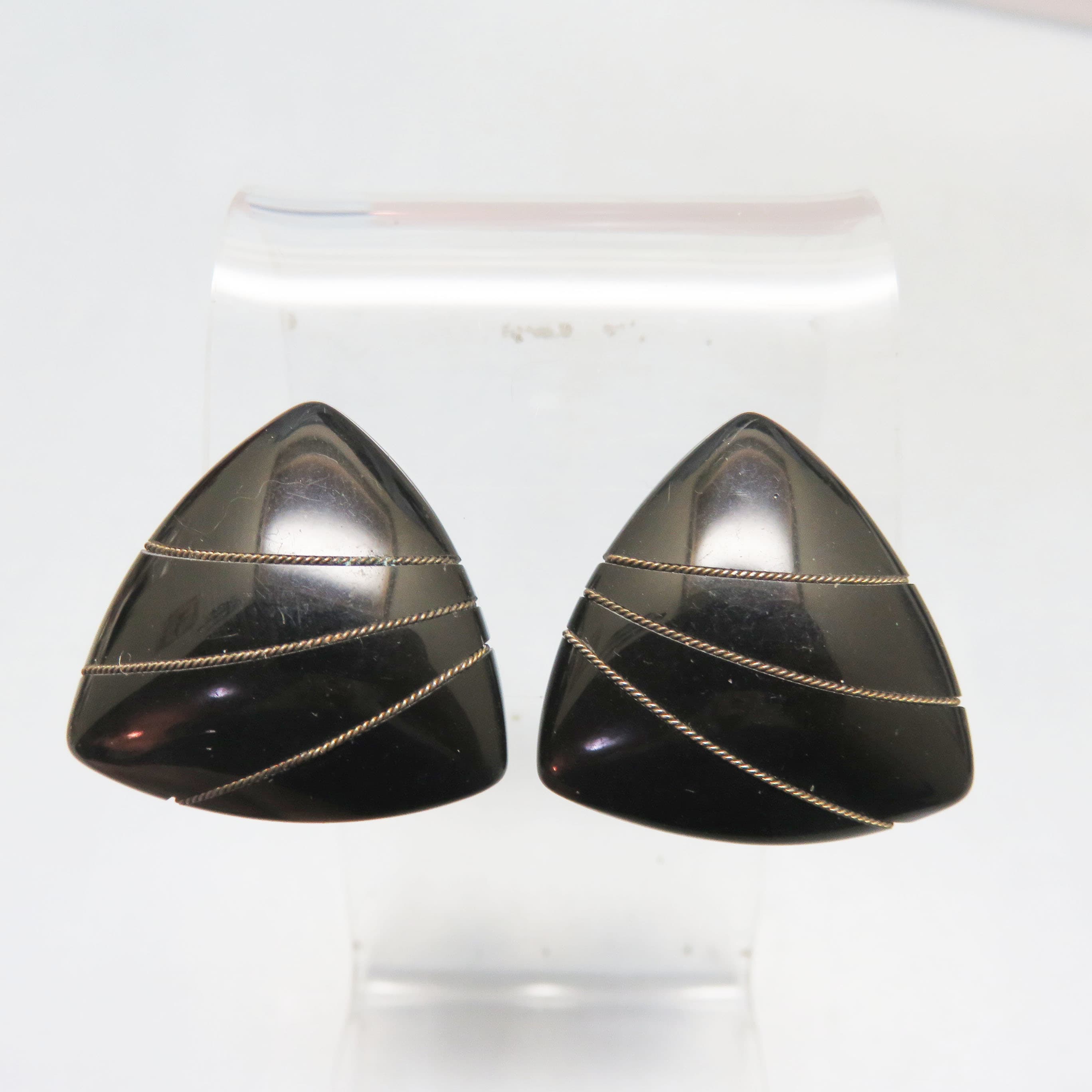 1980s Black Lucite Puffed Triangle Clip On Earrings, Gold Wire Accents