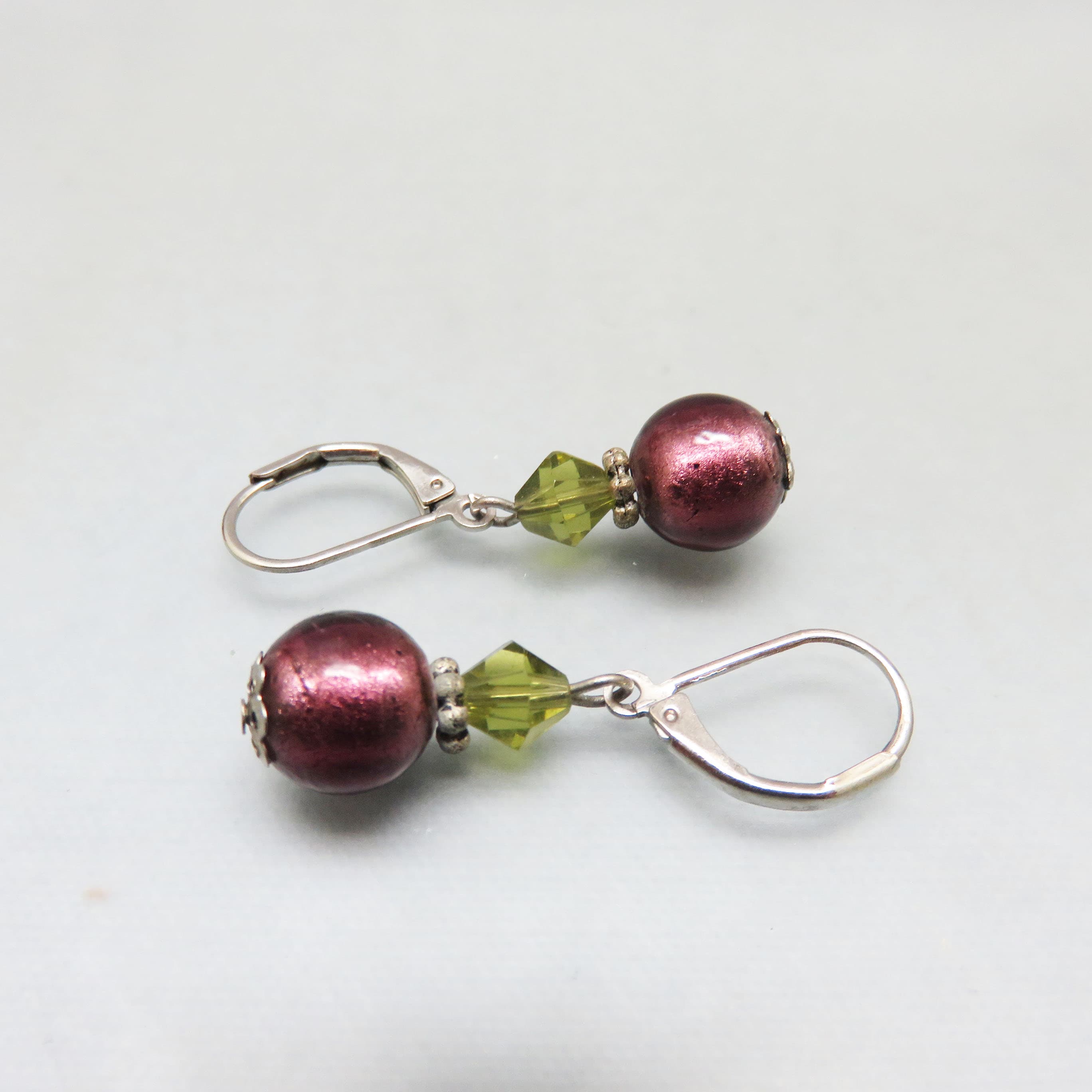 Made in our Studio, Purple Glass, Green Crystal Pierced Earrings
