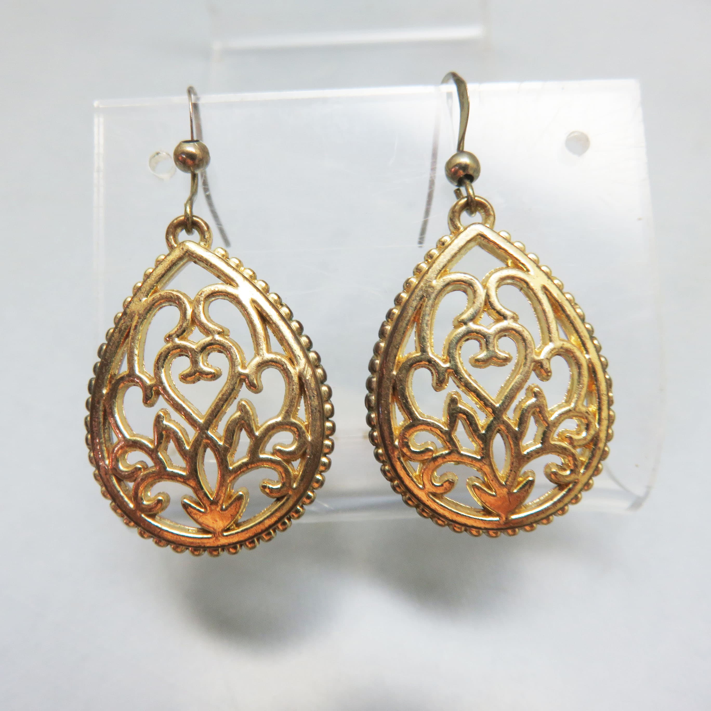 Golden Filigree French Hook Teardrop Shaped Pierced Earrings