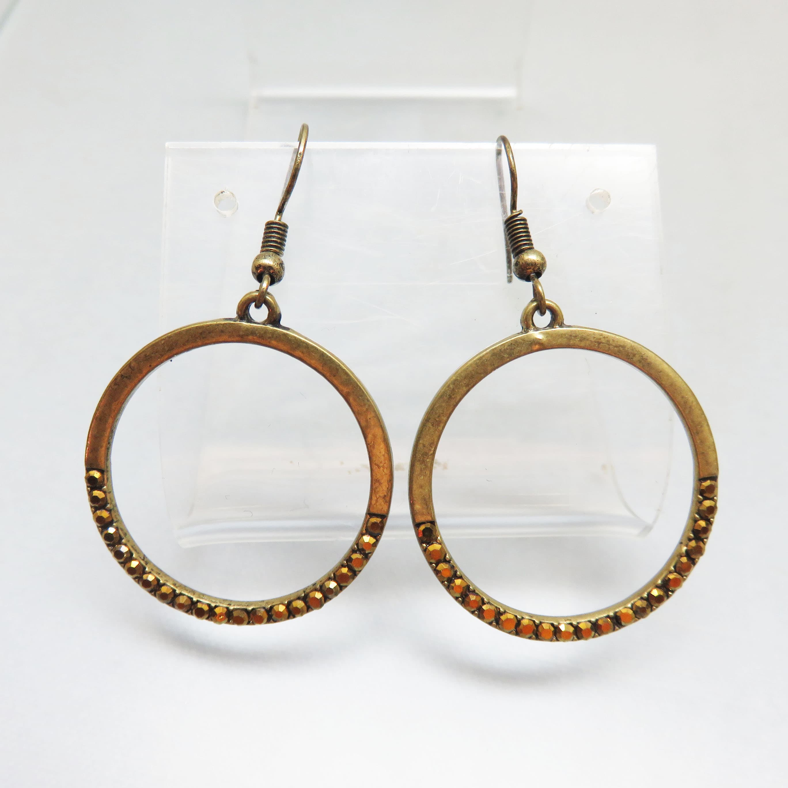 Vintage Gold Rhinestone Hoop French Hook Pierced Earrings