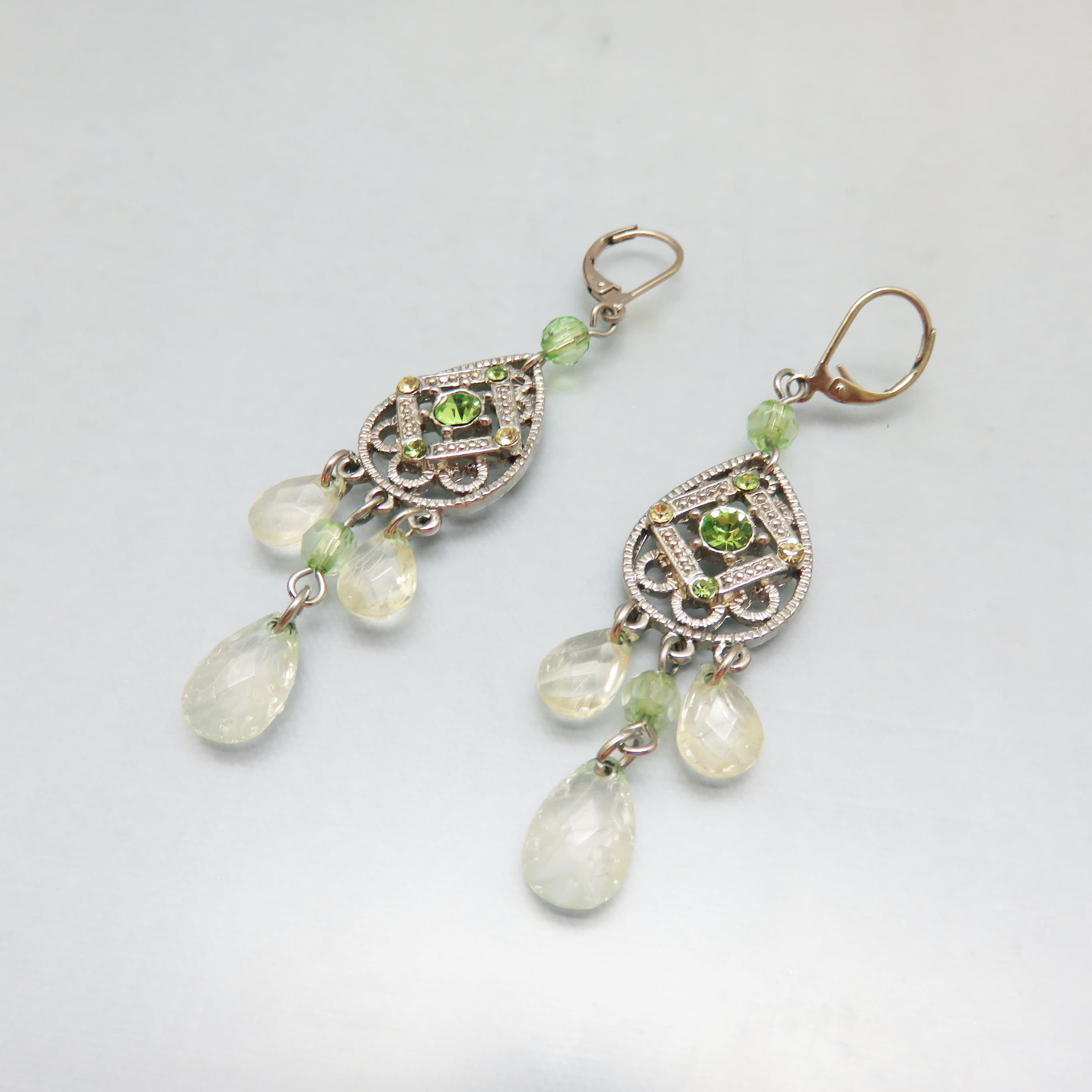 Ethnic Look Embossed Silvertone Metal Chandelier Pierced Earrings, 1990s