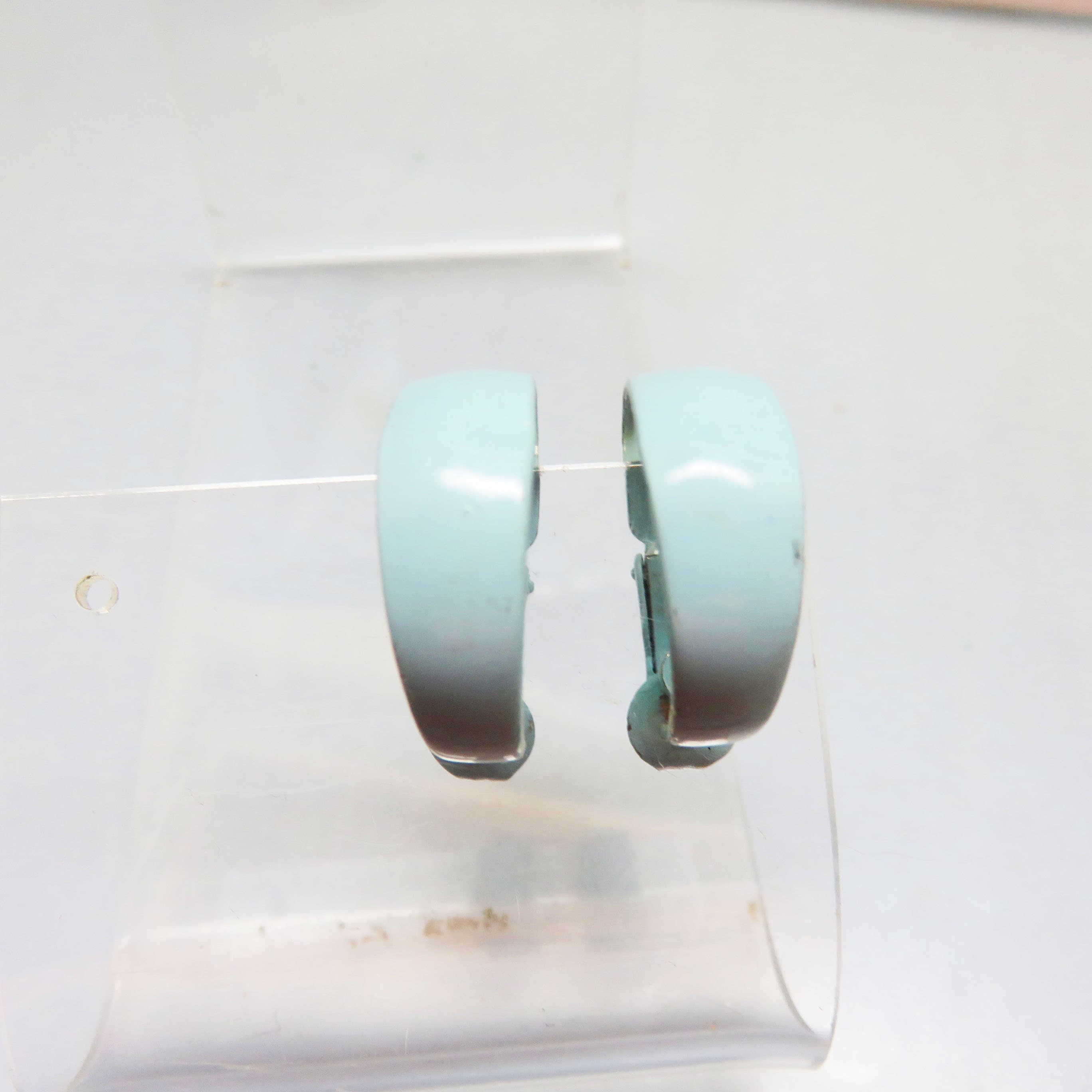 Pale Blue Gray Enameled Hoop Clip On Earrings, 1960s