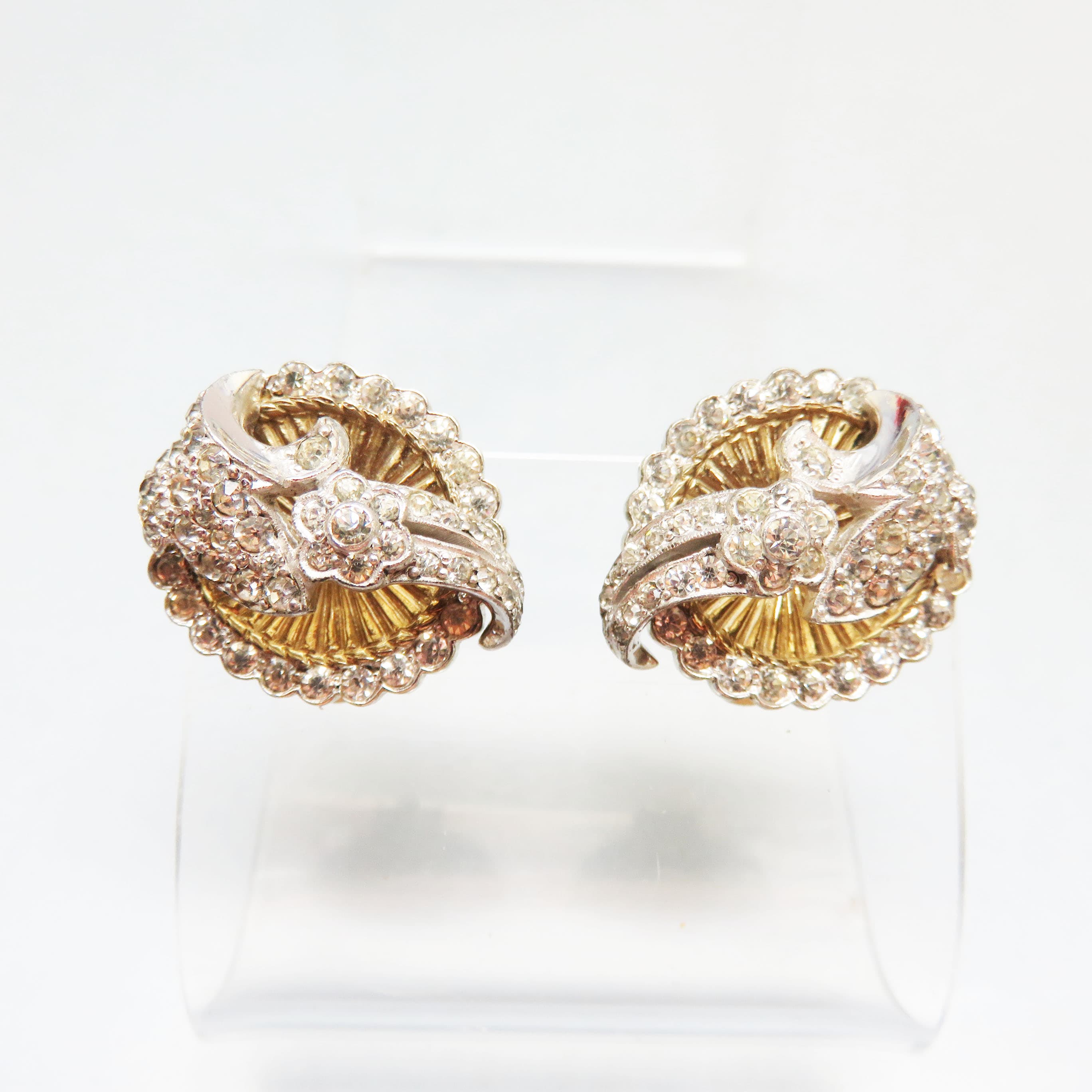 Gorgeous Mid Century Goldplated and Silverplated Clip On Rhinestone Earrings