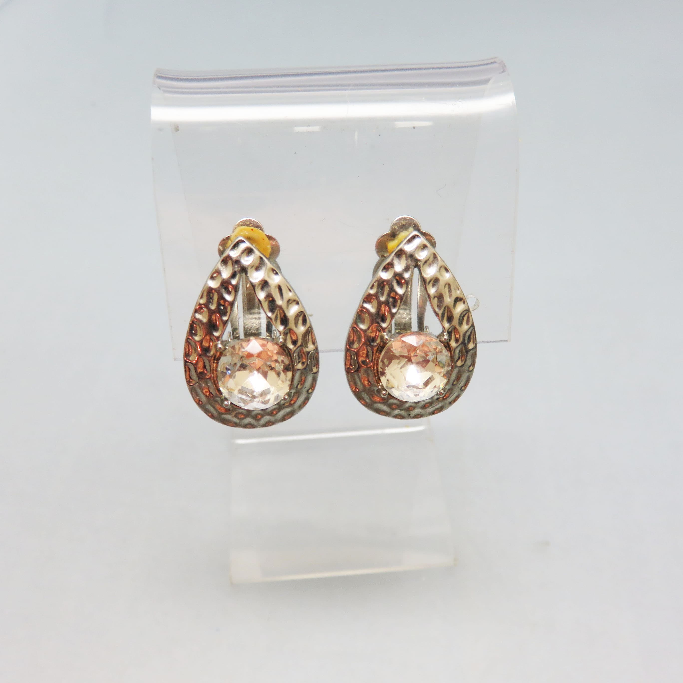 1970s Teardrop Shaped Big Rhinestone Clip On Earrings