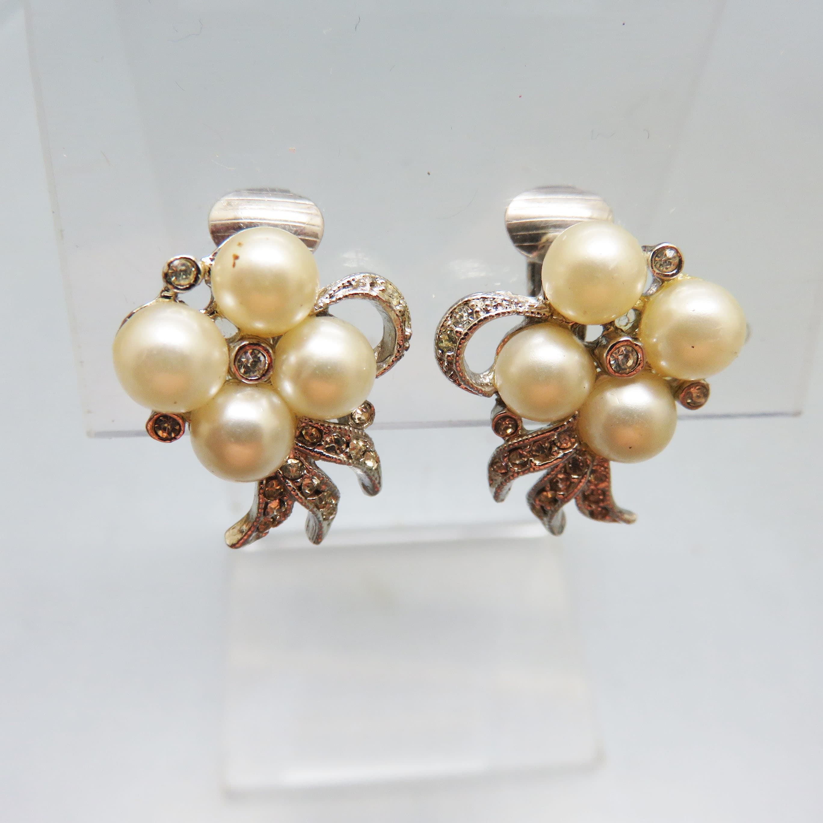 Richelieu Brand Rhinestone and Faux Pearl Clip On Earrings, 1960s
