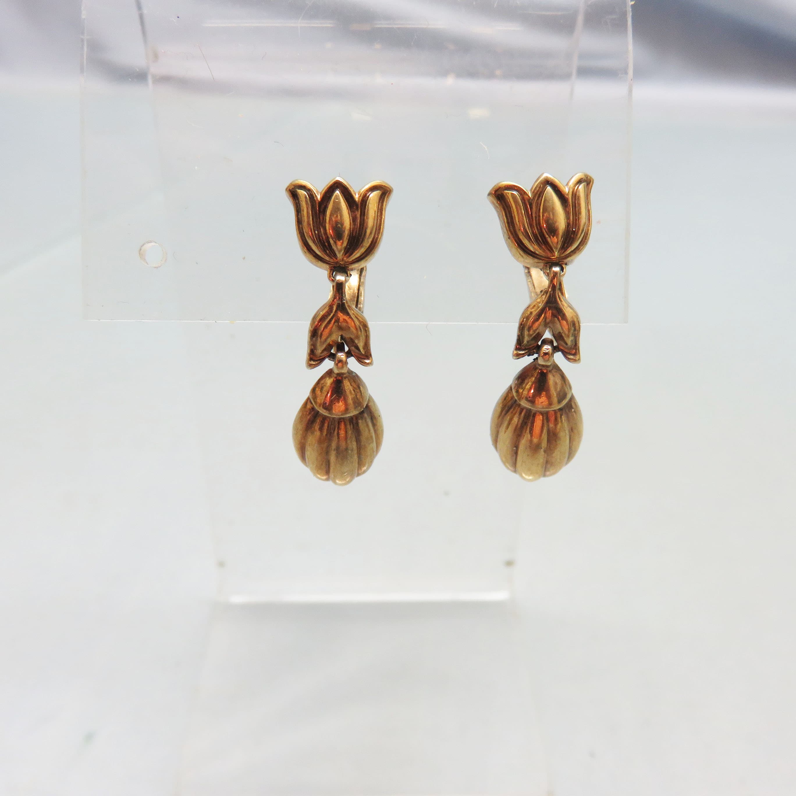 Crown Trifari Tulip Topped Clip On Earrings, Vintage Gold Plated Clip On Dangles