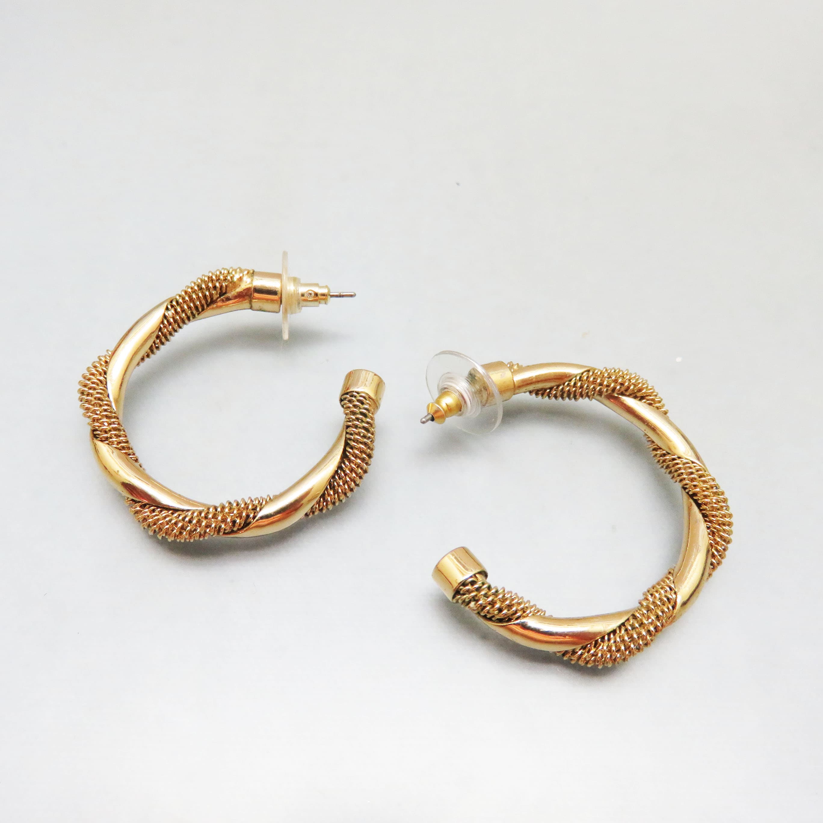 Gold Plated Mesh and Solid Hoop Earrings, Post Style for Pierced Ears