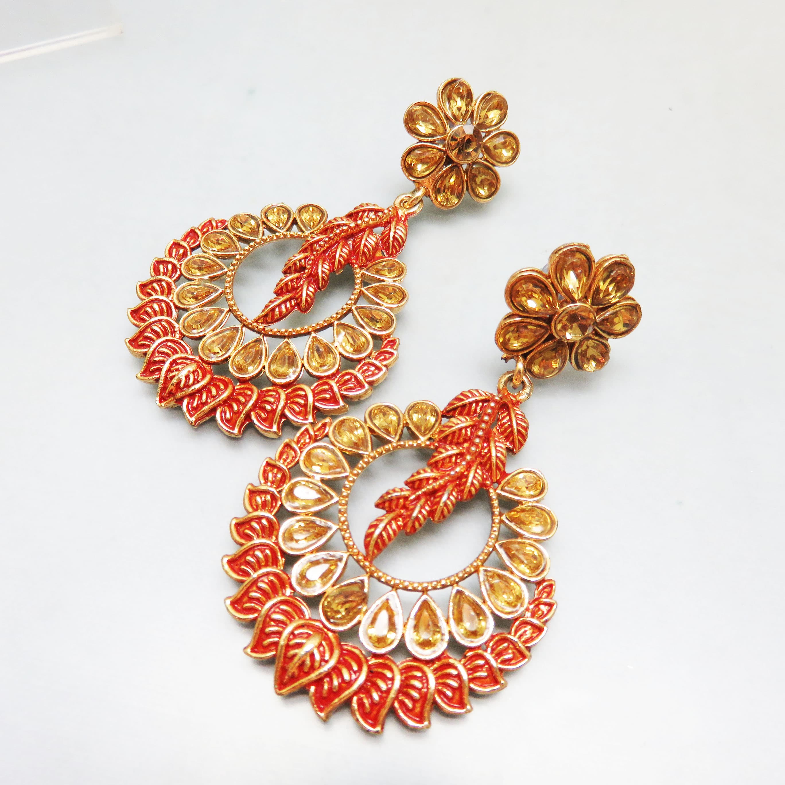 Gorgeous Jewels of India, Red over Goldtone Metal with Golden Citrine Colored Rhinestones