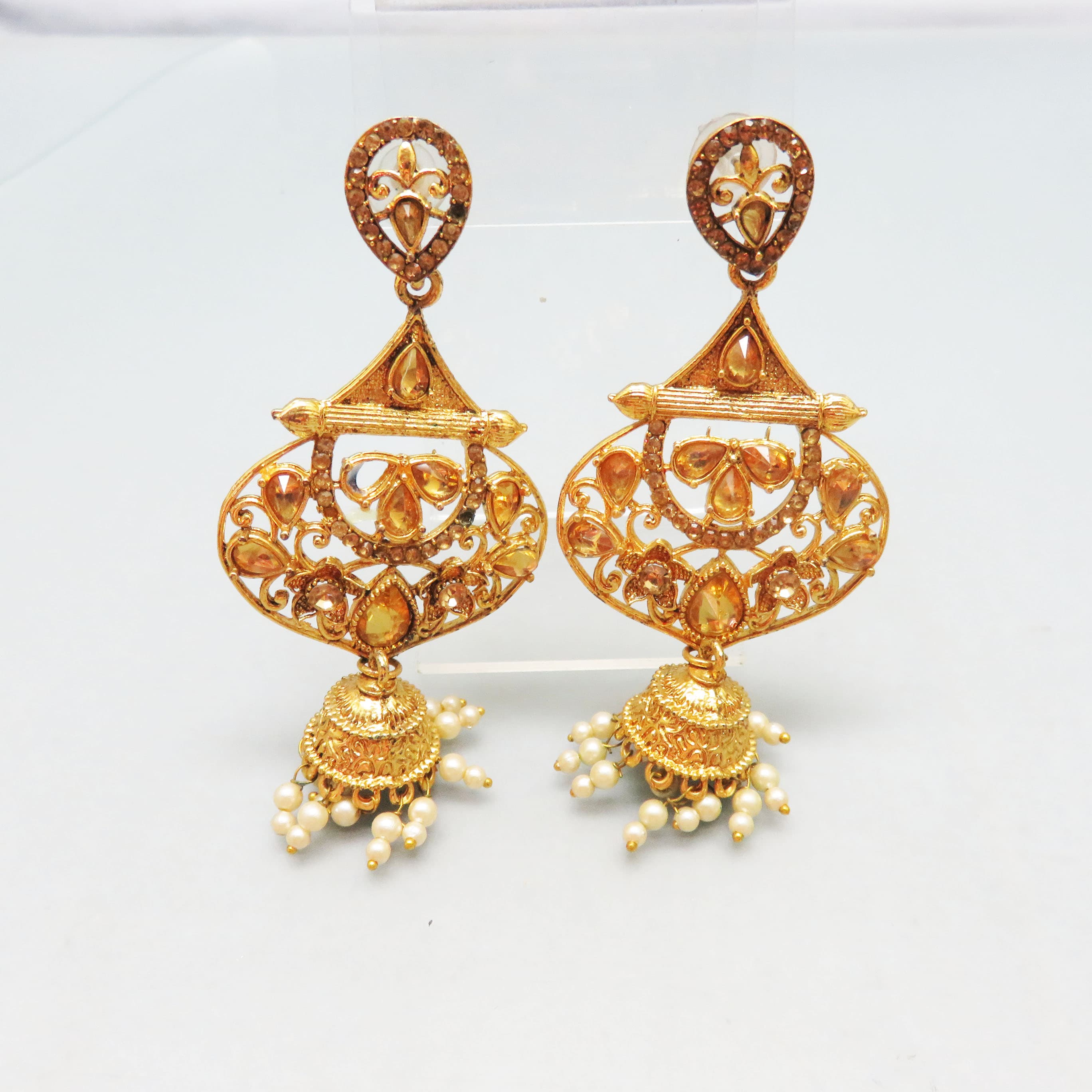 Gorgeous Jewels of India Pierced Earrings, Goldtone Metal with Golden Citrine Colored Rhinestones, Faux Pearls