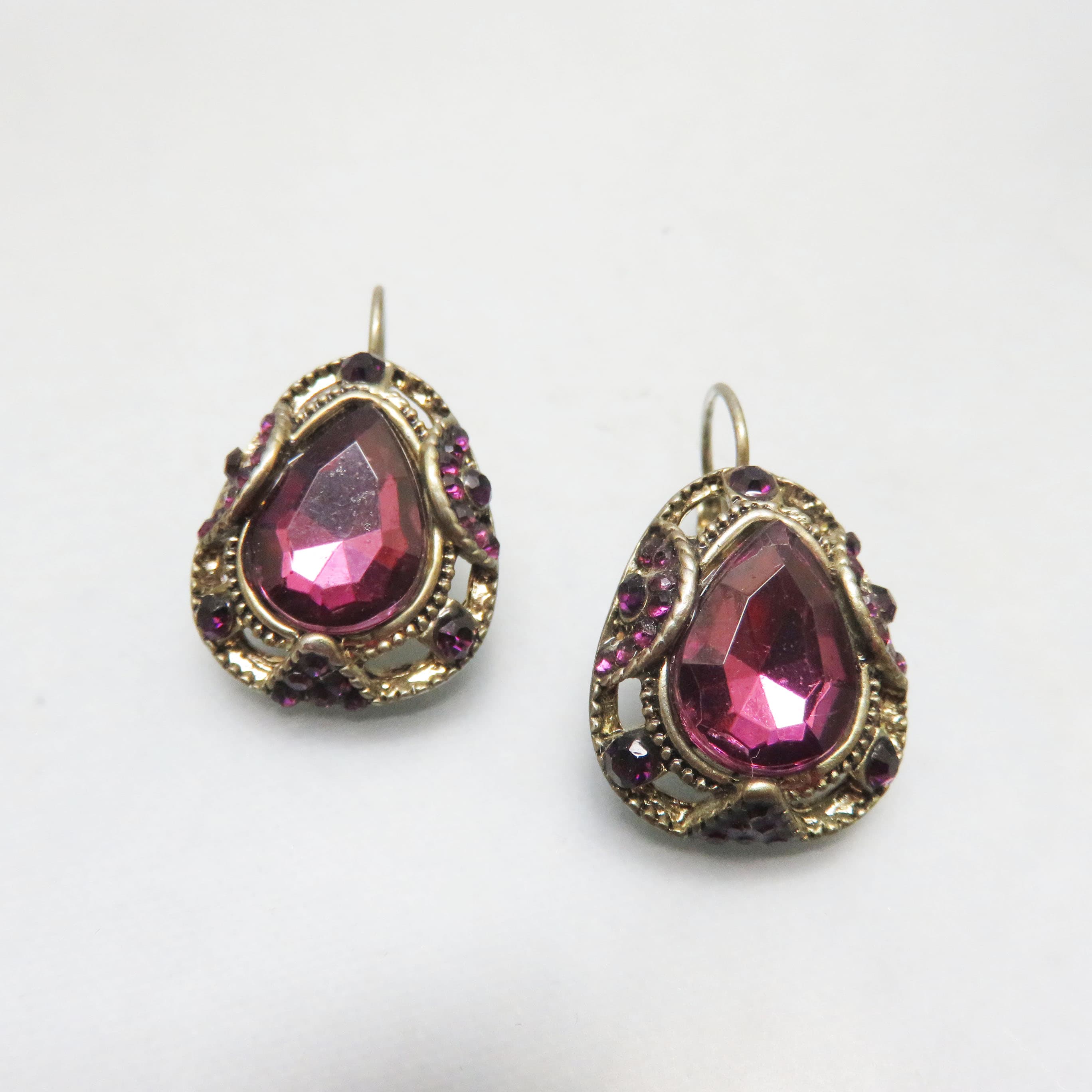 Purple Rhinestone Lever Back Vintage Pierced Earrings