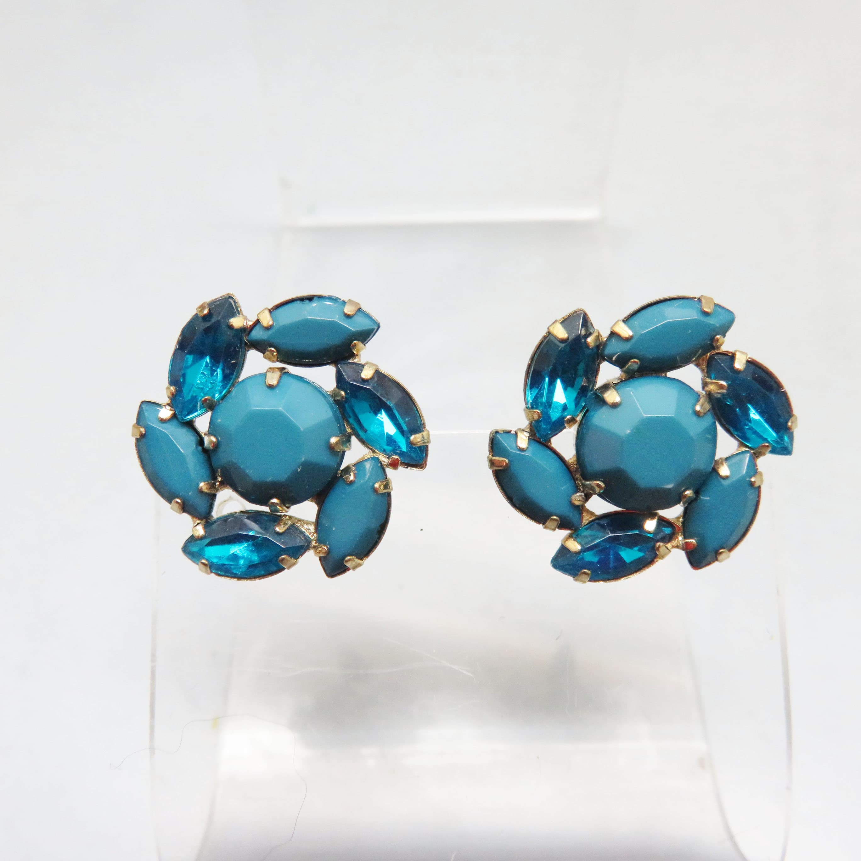 Vintage Blue Green Acrylic Rhinestone Post Style Pierced Earrings