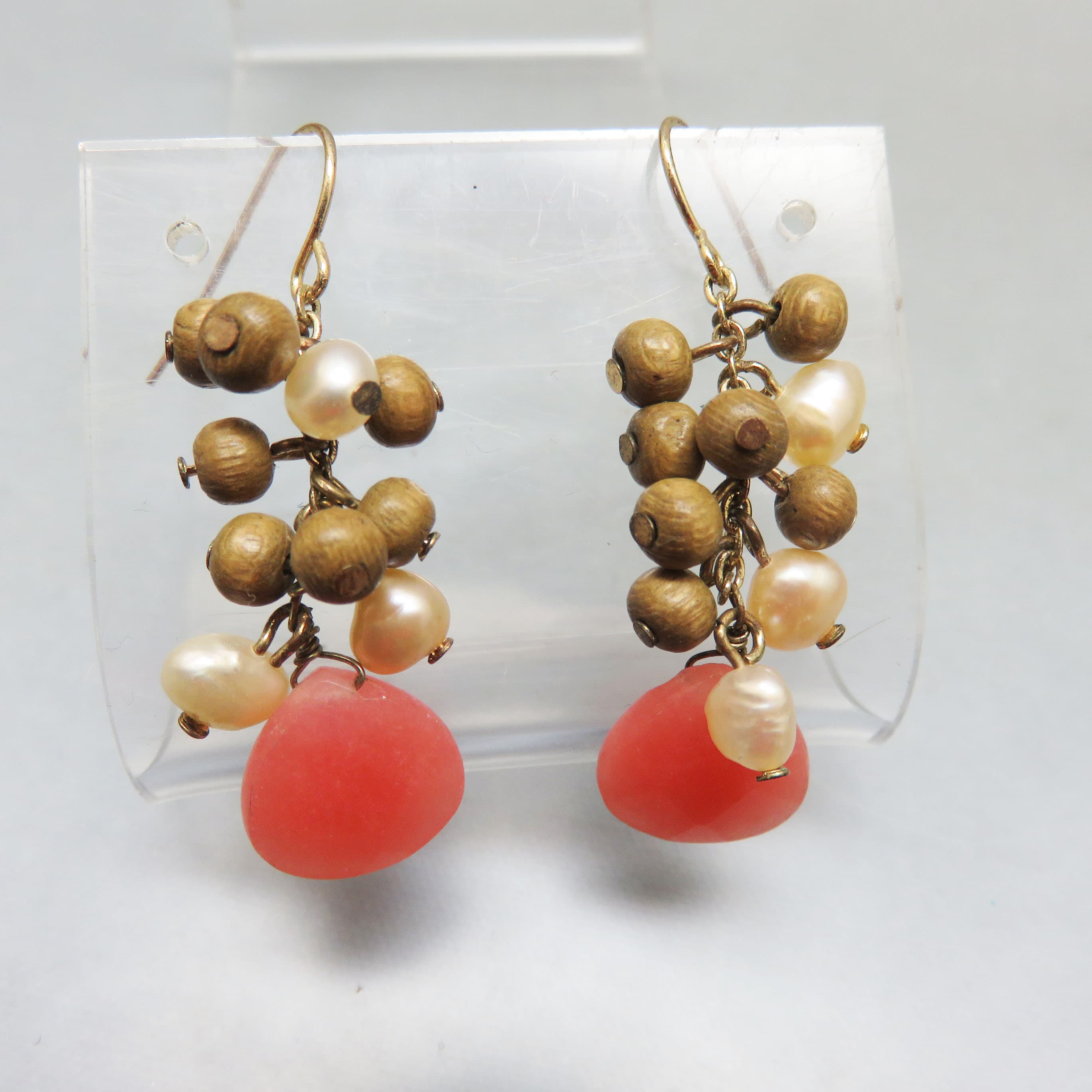 Dyed Pink Chalcedony, Real Pearls and Tiny Wooden Beads Pierced Earrings
