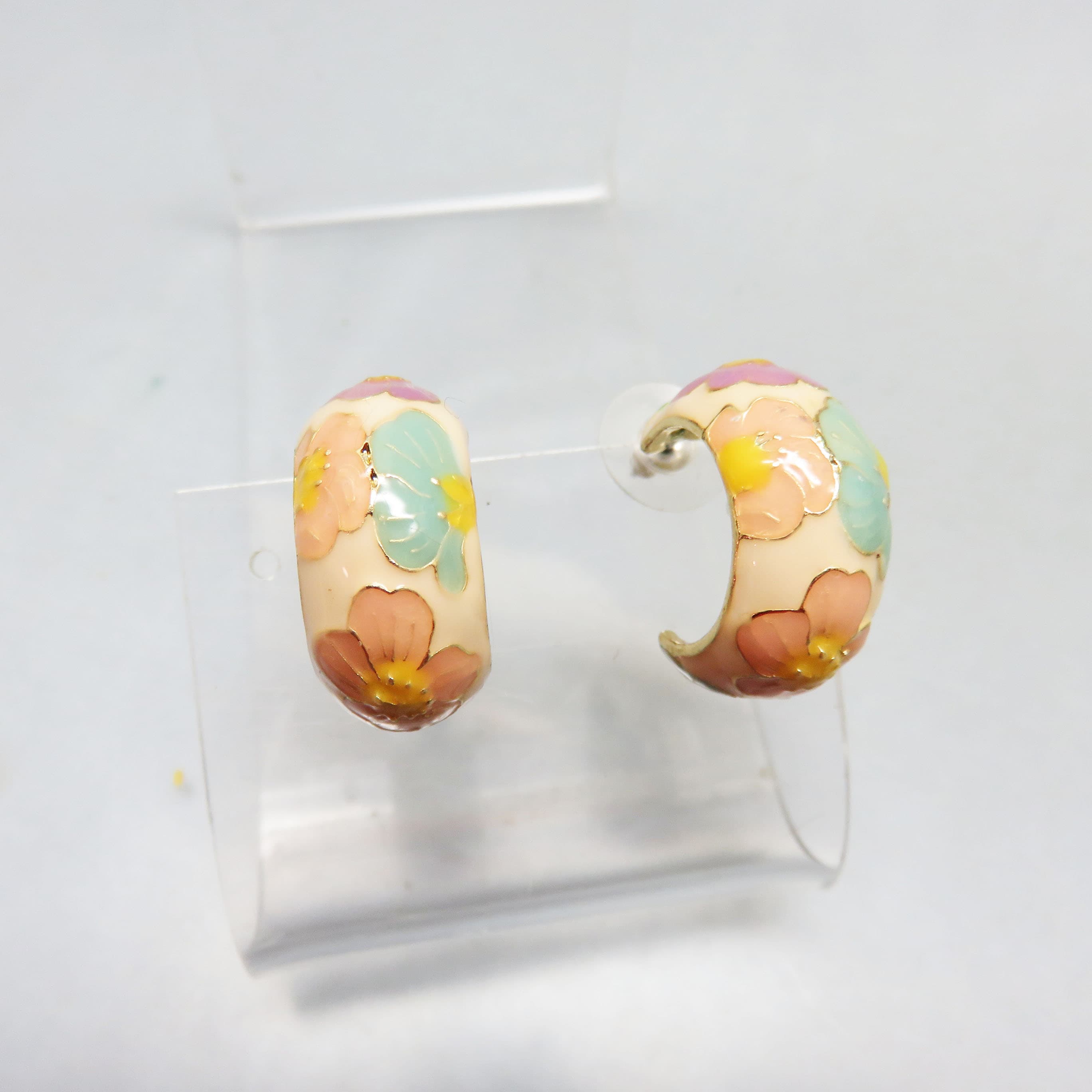 1970s Enameled Floral Hoop Pierced Earrings, Post Style Spring Earrings