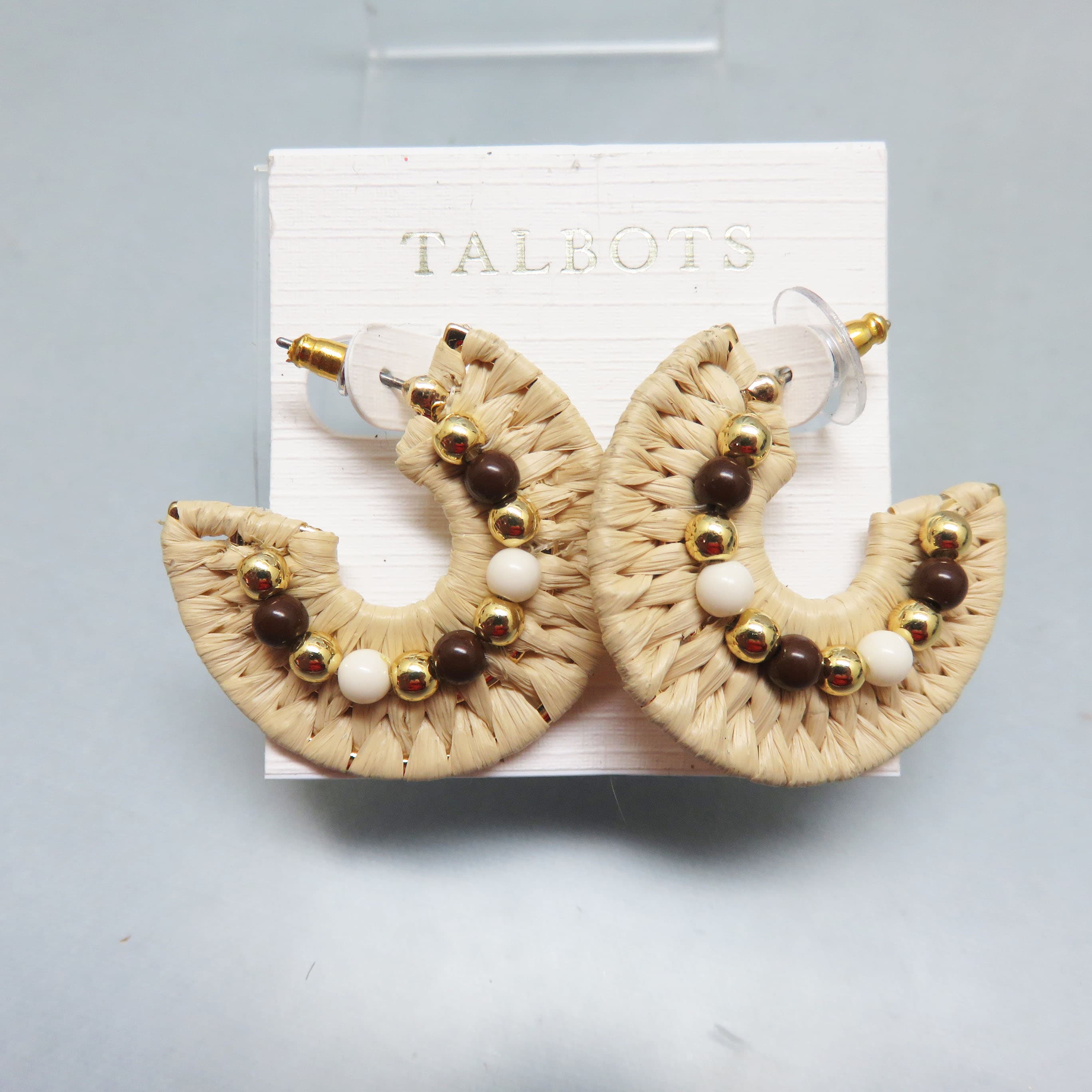 Mint on Original Card, Talbots, Raffia Wrapped and Beaded Hoop Pierced Earrings