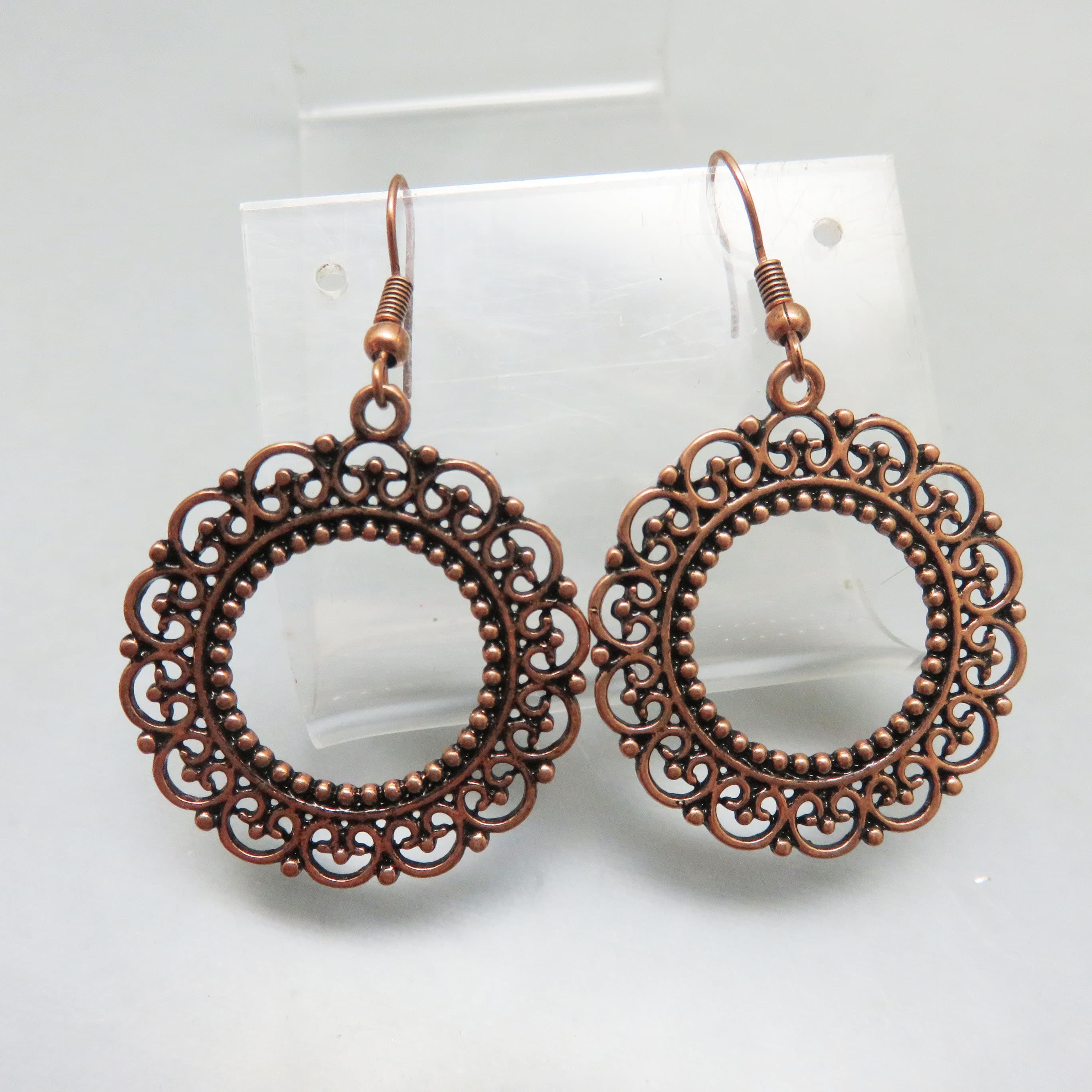 Antiqued Copper Filigree Hoop Pierced Earrings, Southwestern Design
