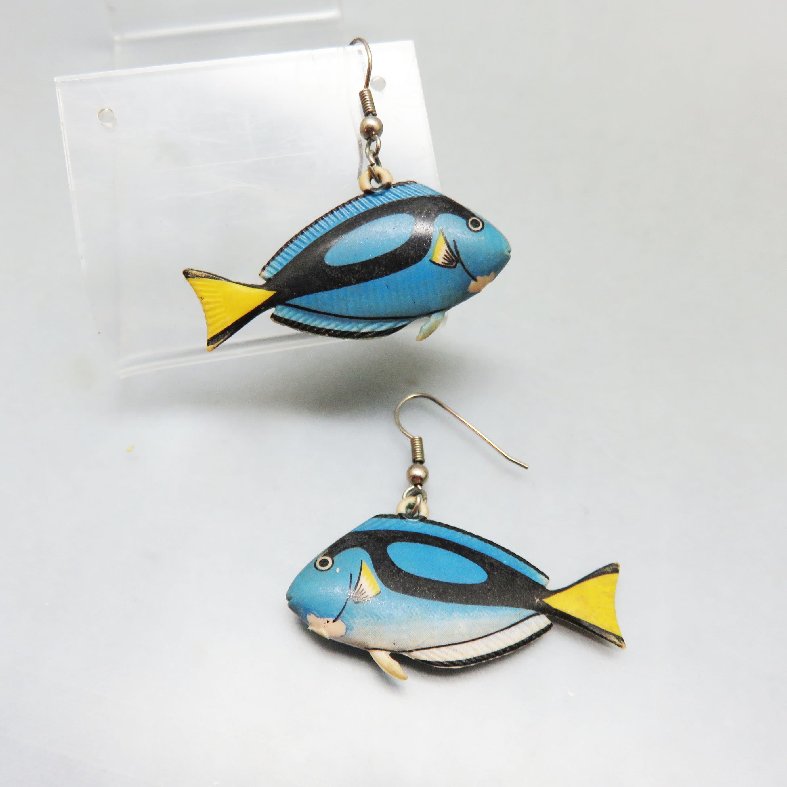 Handpainted Soft Plastic Tropical Fish Pierced Earrings, Blue, Black and Yellow