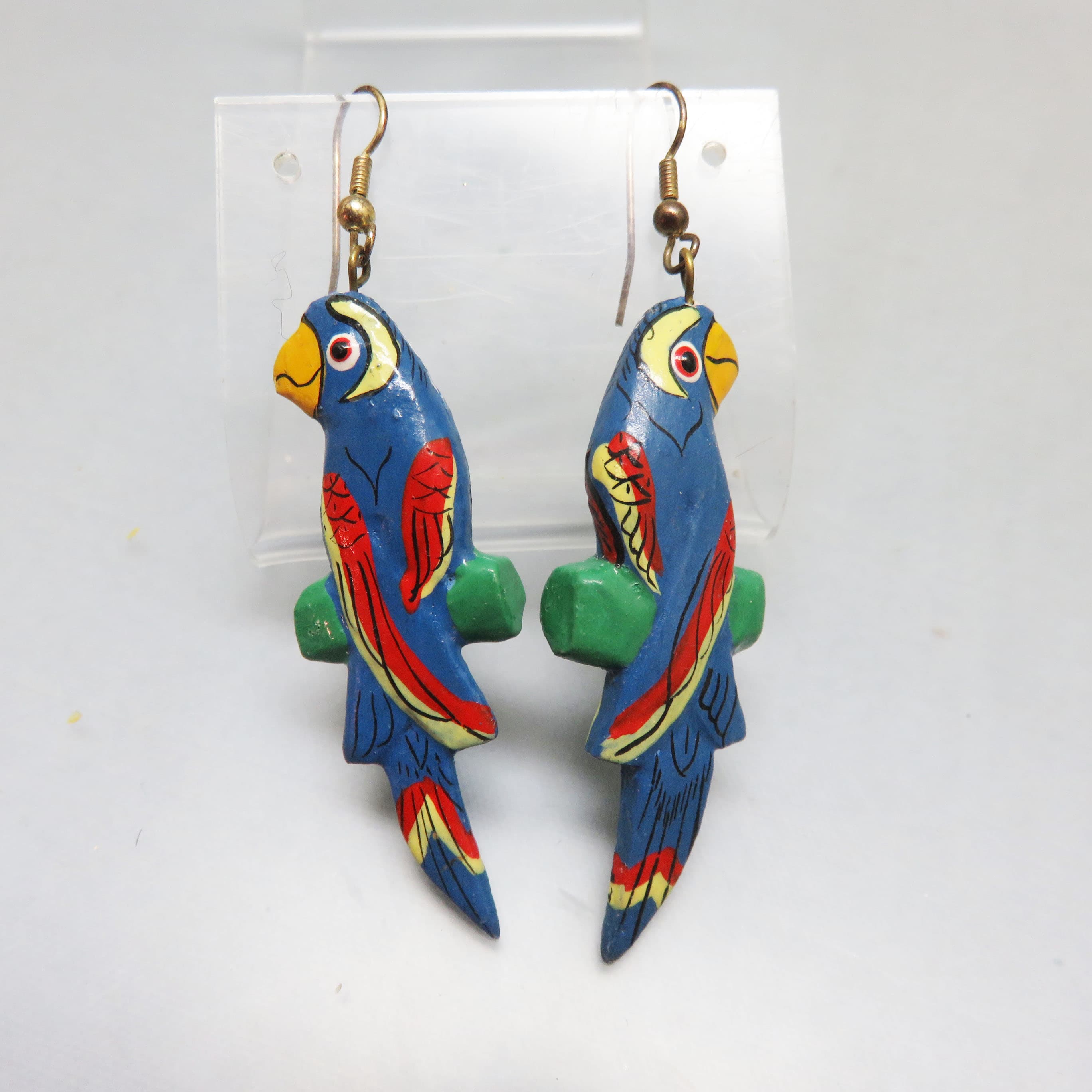 Vintage Hand Painted Wooden Parrot French Hook Pierced Earrings