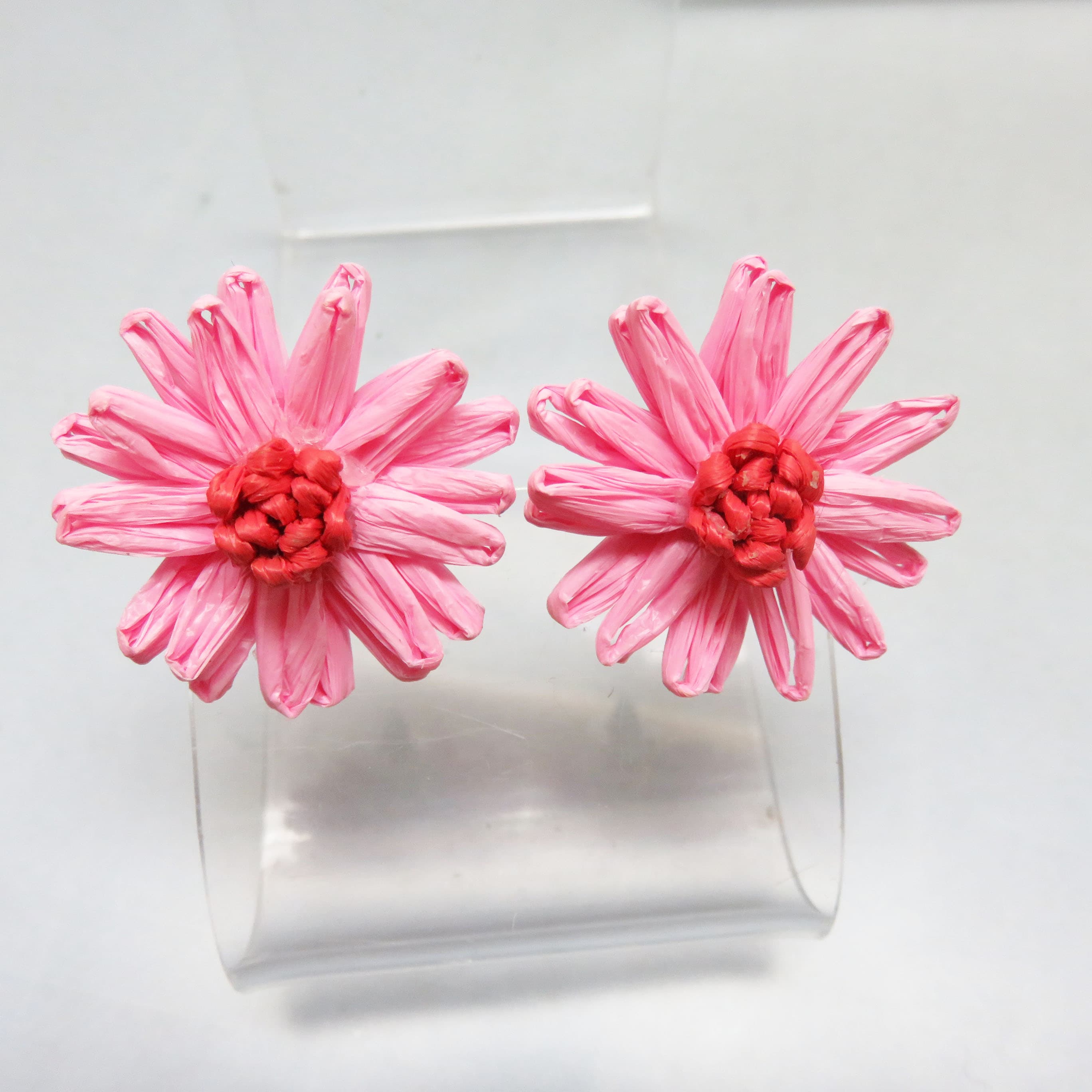 Two Color Pink Raffia Handmade Flower Earrings, Post Style for Pierced Ears