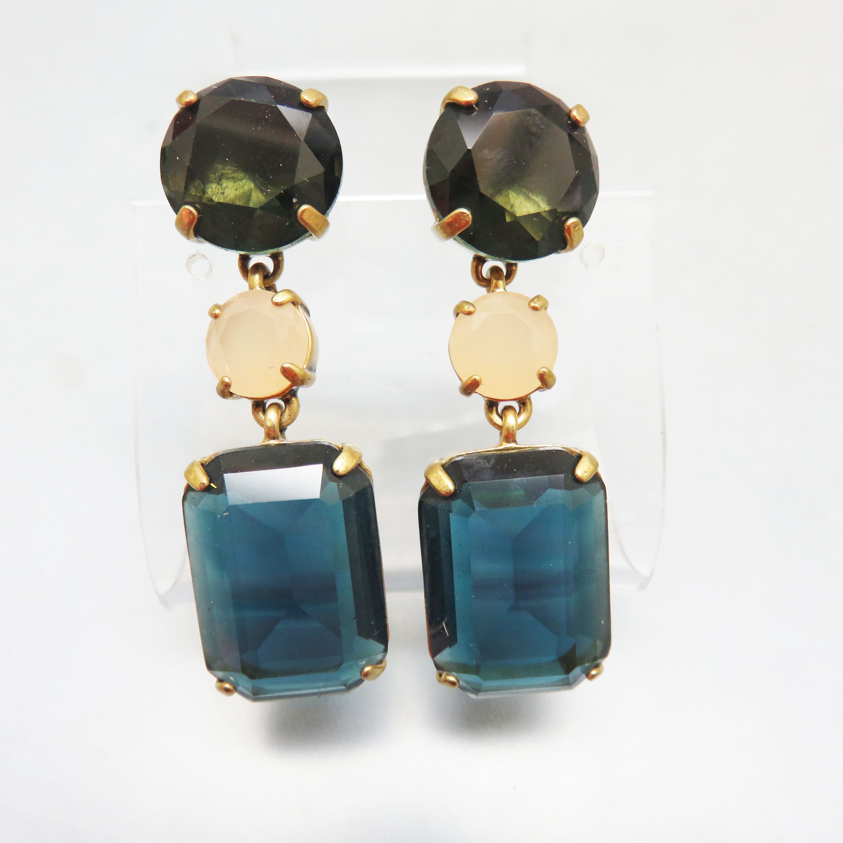 Big Bold Olive Green and Smoky Blue Post Style Dangle Pierced Earrings