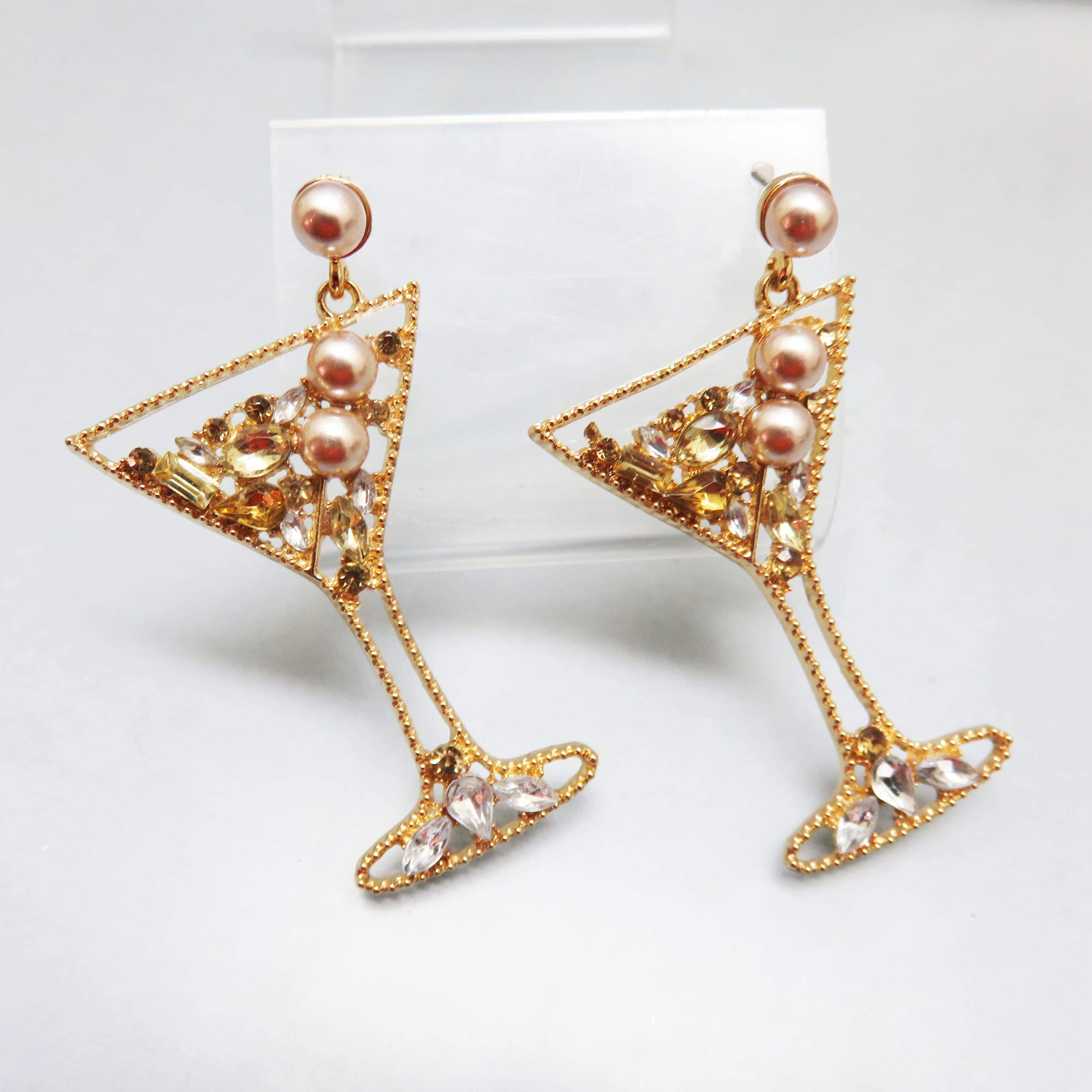 Celebration Champagne Glass Pierced Earrings, Rhinestones and Faux Pearls