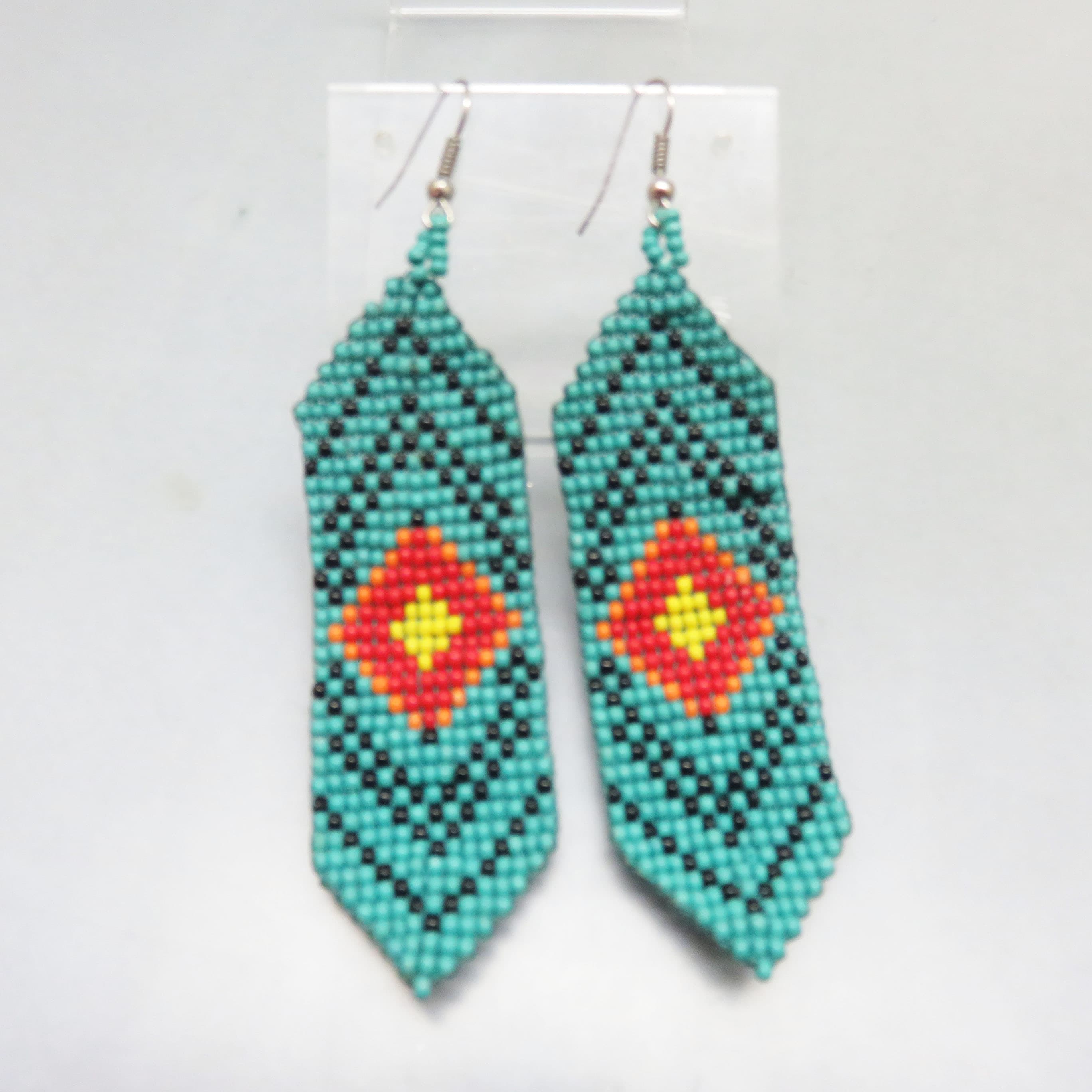 Southwestern Hand Loomed Pierced Earrings ,Teal, Yellow, Orange, Red and Black Glass Seed Beads