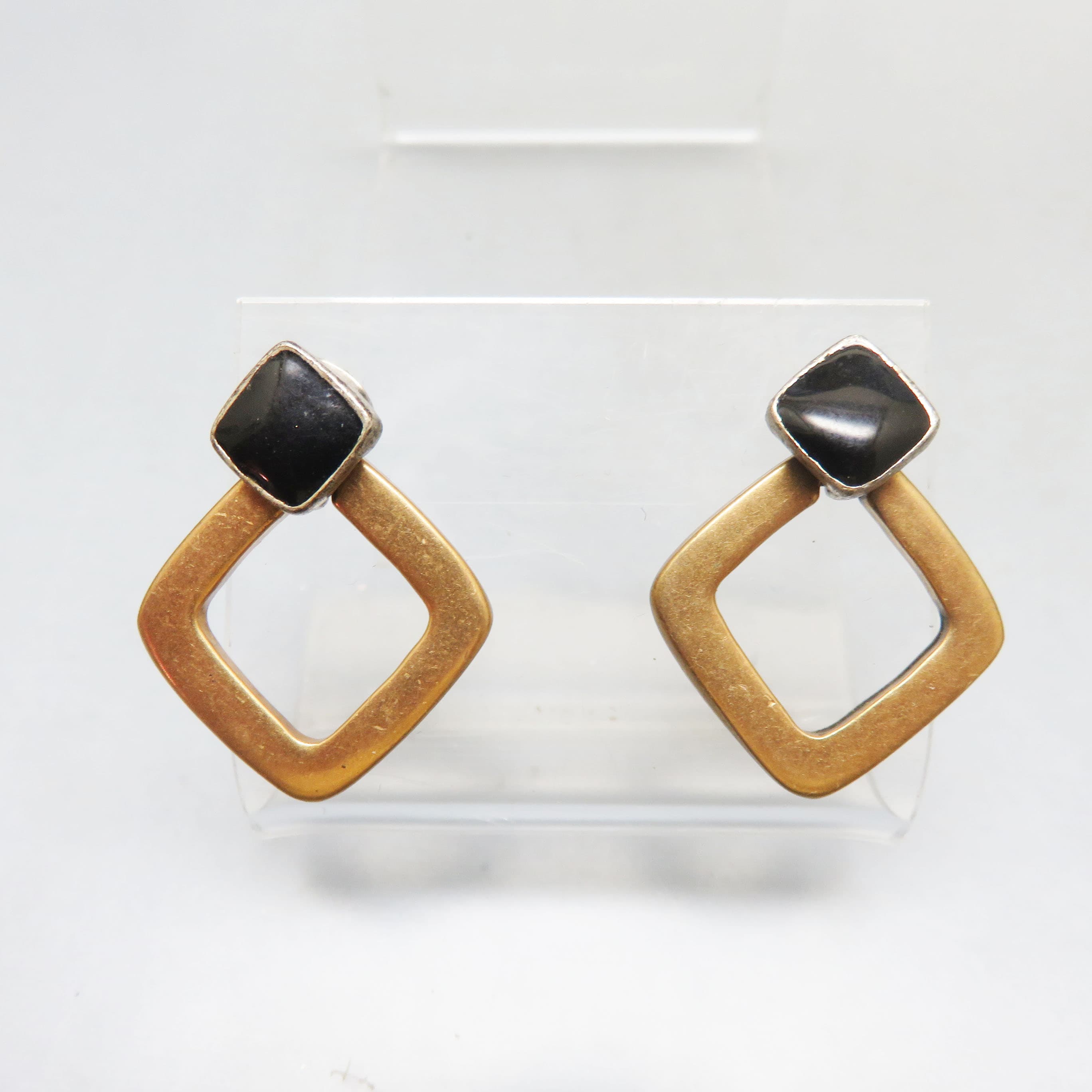 Silver and Goldtone Diamond Shaped Pierced Earrings, Black Enamel Accent
