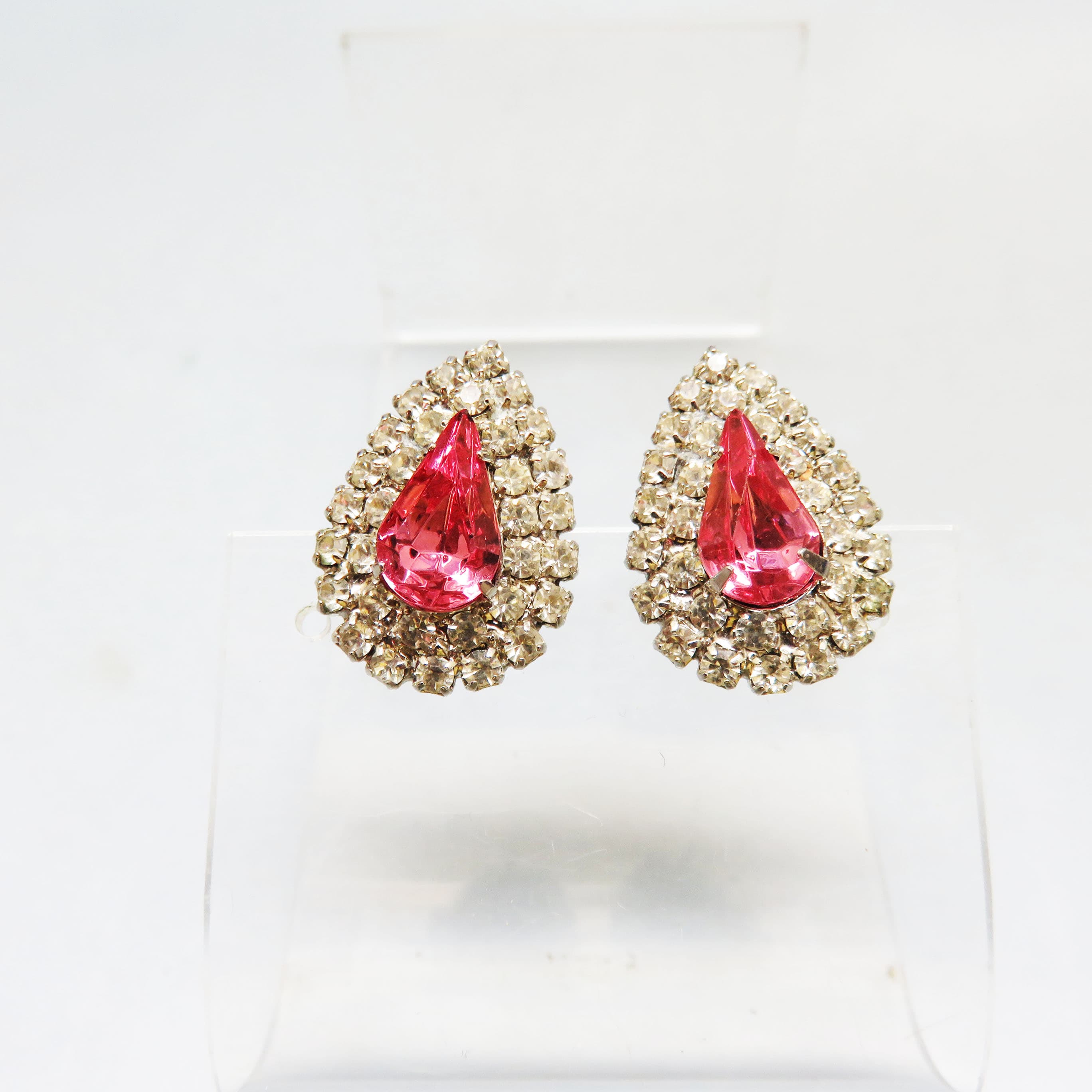 1960s Hot Pink and Clear Rhinestone Teardrop Shaped Pierced Earrings